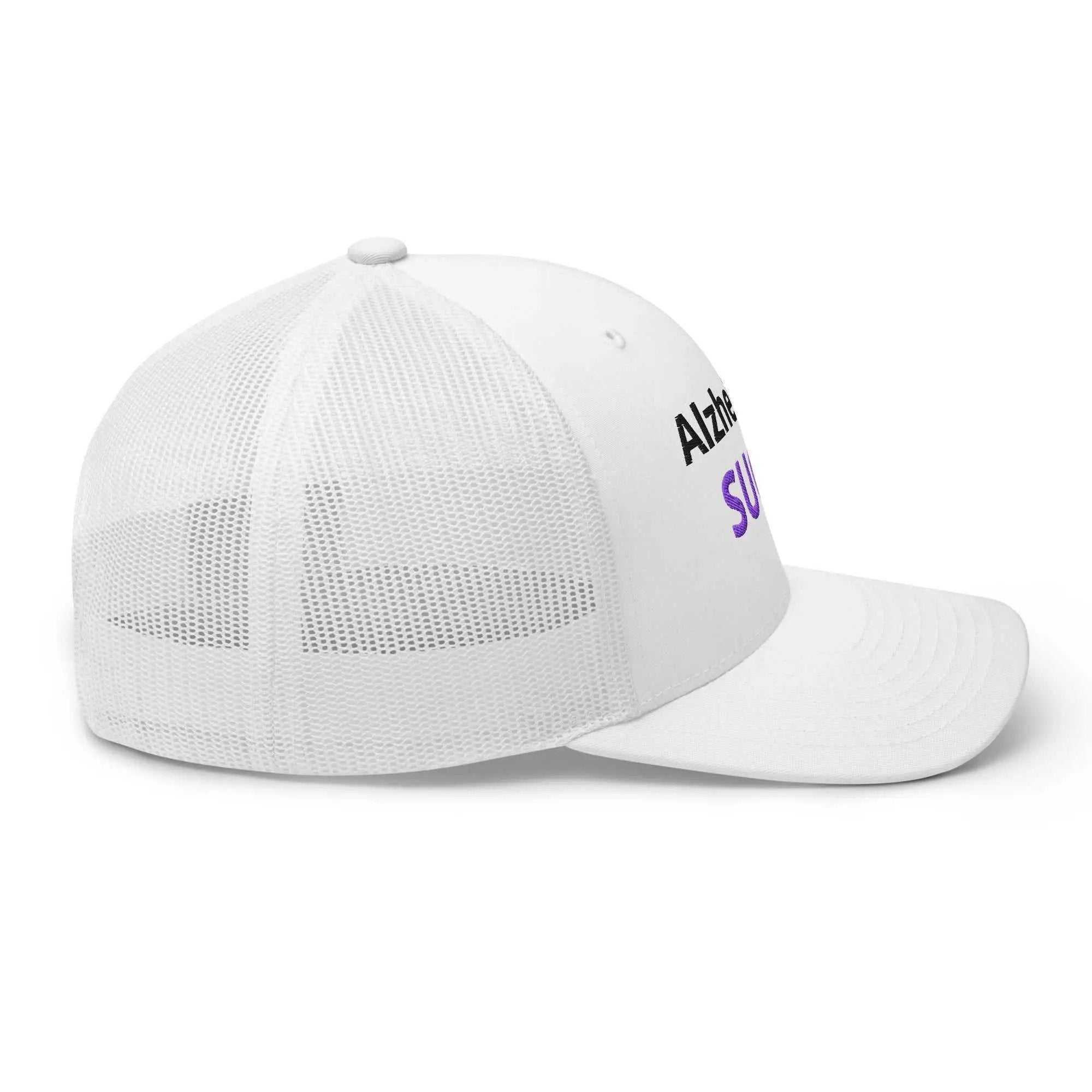 White embroidered Alzheimer's trucker cap with supportive message, featuring a classic retro trucker hat style.