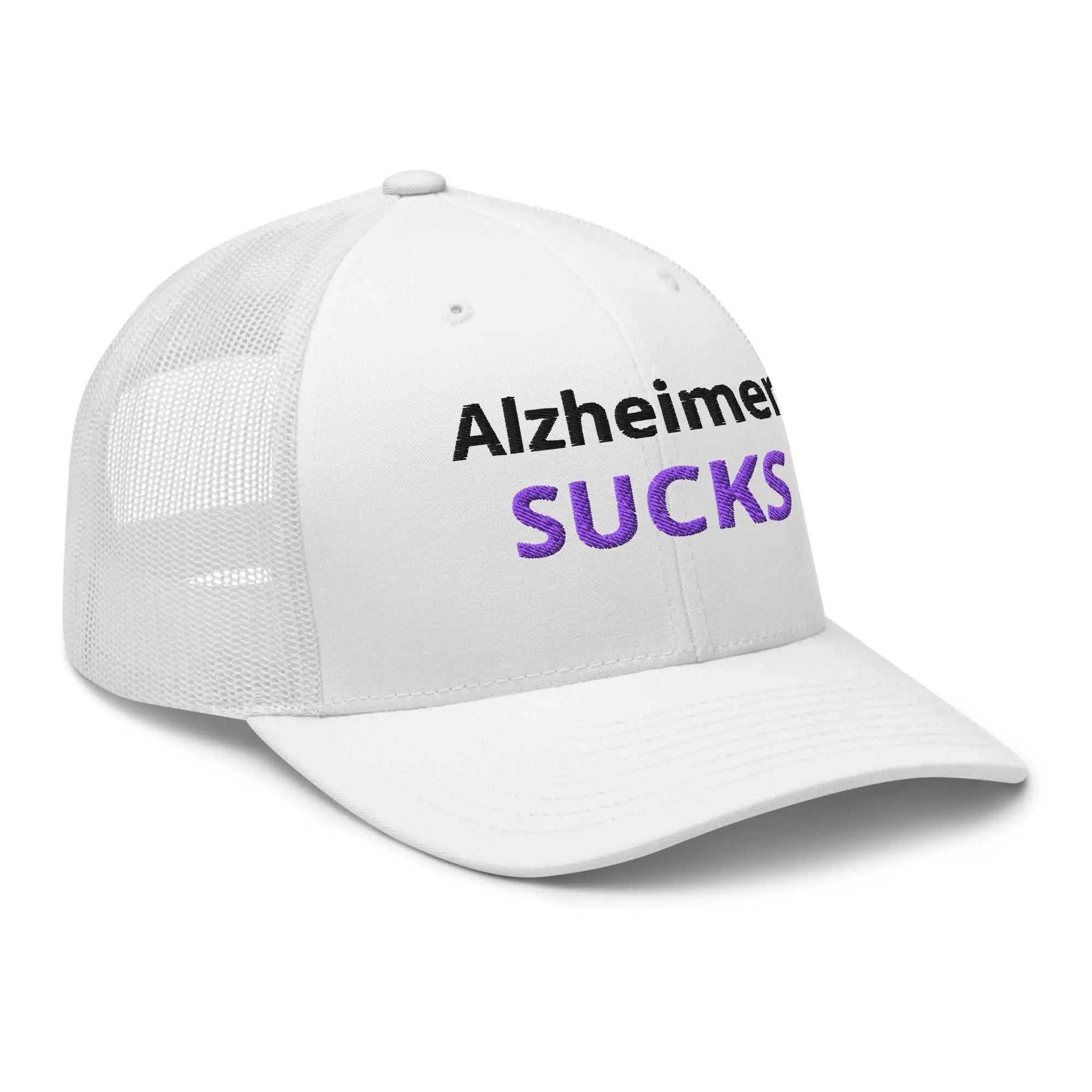 White embroidered Alzheimer's support trucker cap with retro design, featuring "Greg's AZ Store" branding on the front.