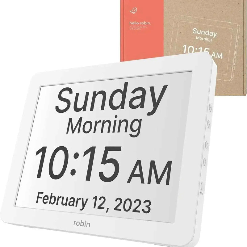 Robin clock by Greg's AZ Store displaying day, date, and reminder alarms with a modern design and clear digital interface.