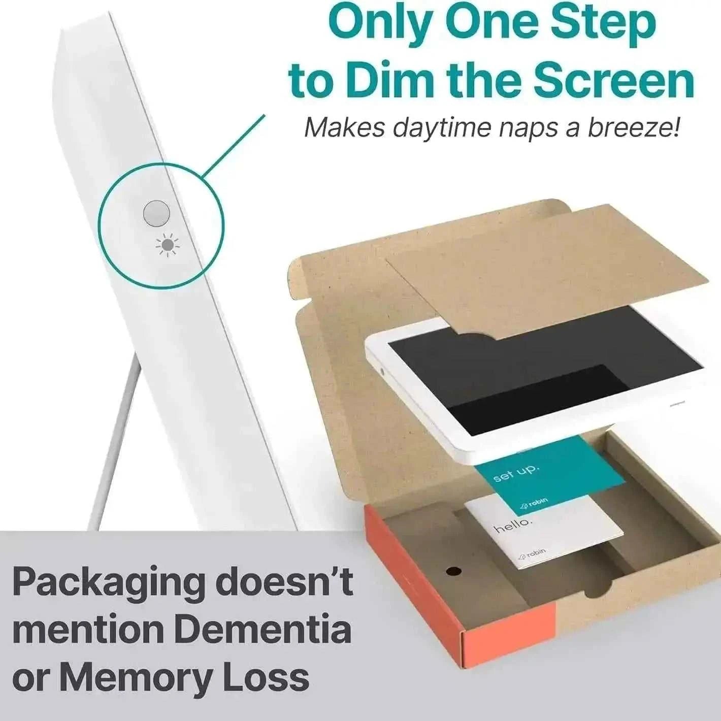 Robin Clock showing dimming button and discreet product packaging