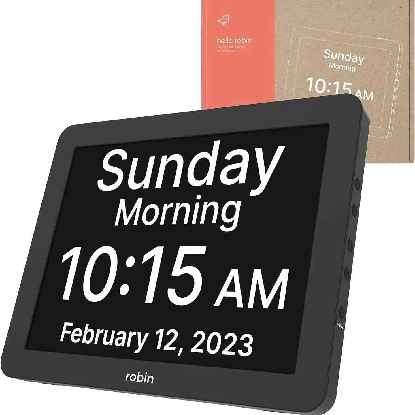 Robin clock with day, date, and reminder alarms from Greg's AZ Store, showing a modern design with clear digital display.