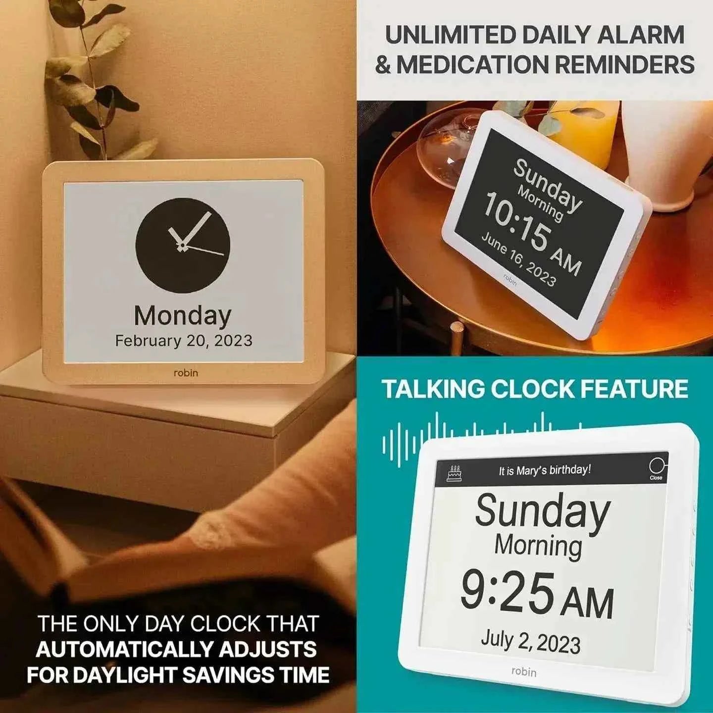 Robin clock with day, date, and reminder alarms from Greg's AZ Store, featuring a colorful robin design and functional time display.
