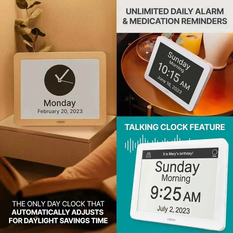 Robin clock with day, date, and reminder alarms from Greg's AZ Store, featuring a colorful robin design and functional time display.