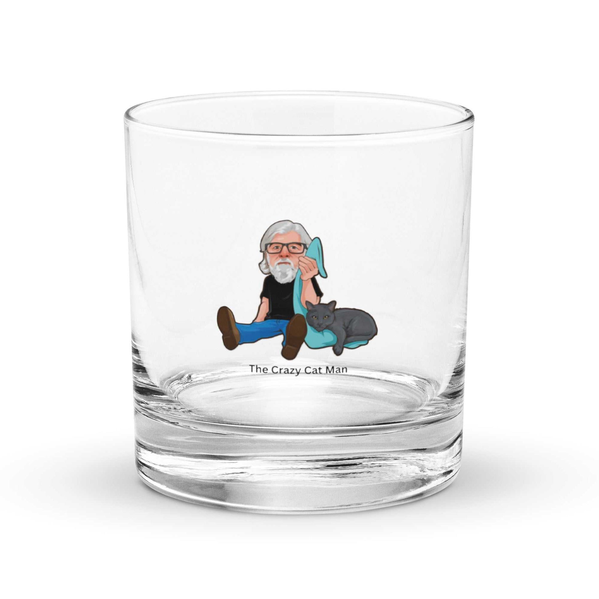The Crazy Cat Man signature rocks glass for whiskey with Alzheimer’s awareness logo, classic weighted design, made in USA, 10.5 oz capacity