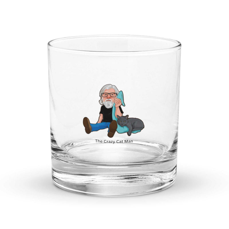 The Crazy Cat Man signature rocks glass for whiskey with Alzheimer’s awareness logo, classic weighted design, made in USA, 10.5 oz capacity