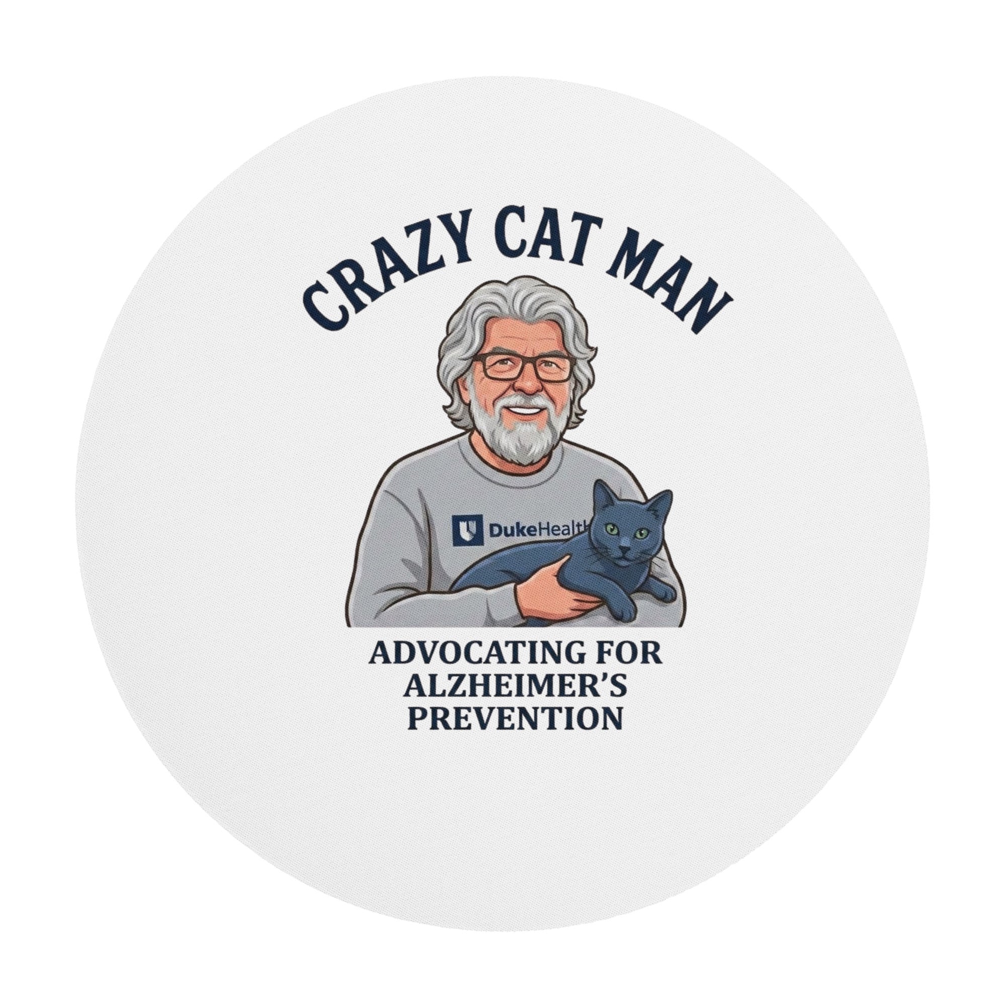 The Cat Man signature round mouse pad featuring an illustration of a man holding a cat