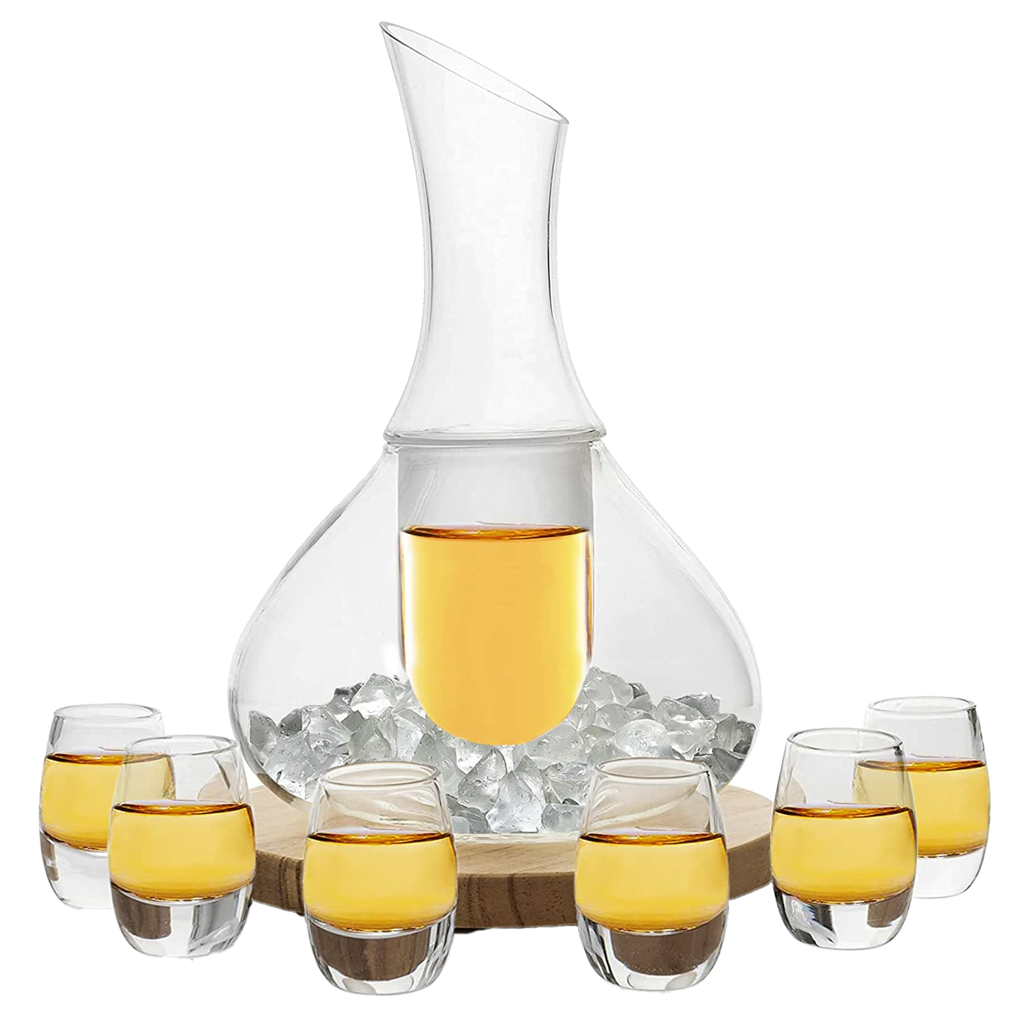 Sake Set Glasses Japanese, 15 Ounce, With 6-1oz Crystal Saki Cups Set, for Warmer or Cold Japanese Wine Drinking with a Wooden Stone Coaster by The Wine Savant, Cups & Carafe Japanese Gifts Set