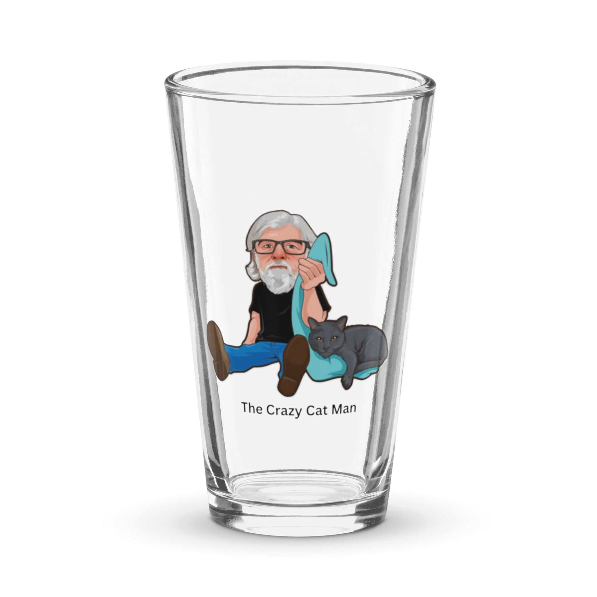 The Crazy Cat Man Signature Shaker 16 oz pint glass with Alzheimer's awareness logo