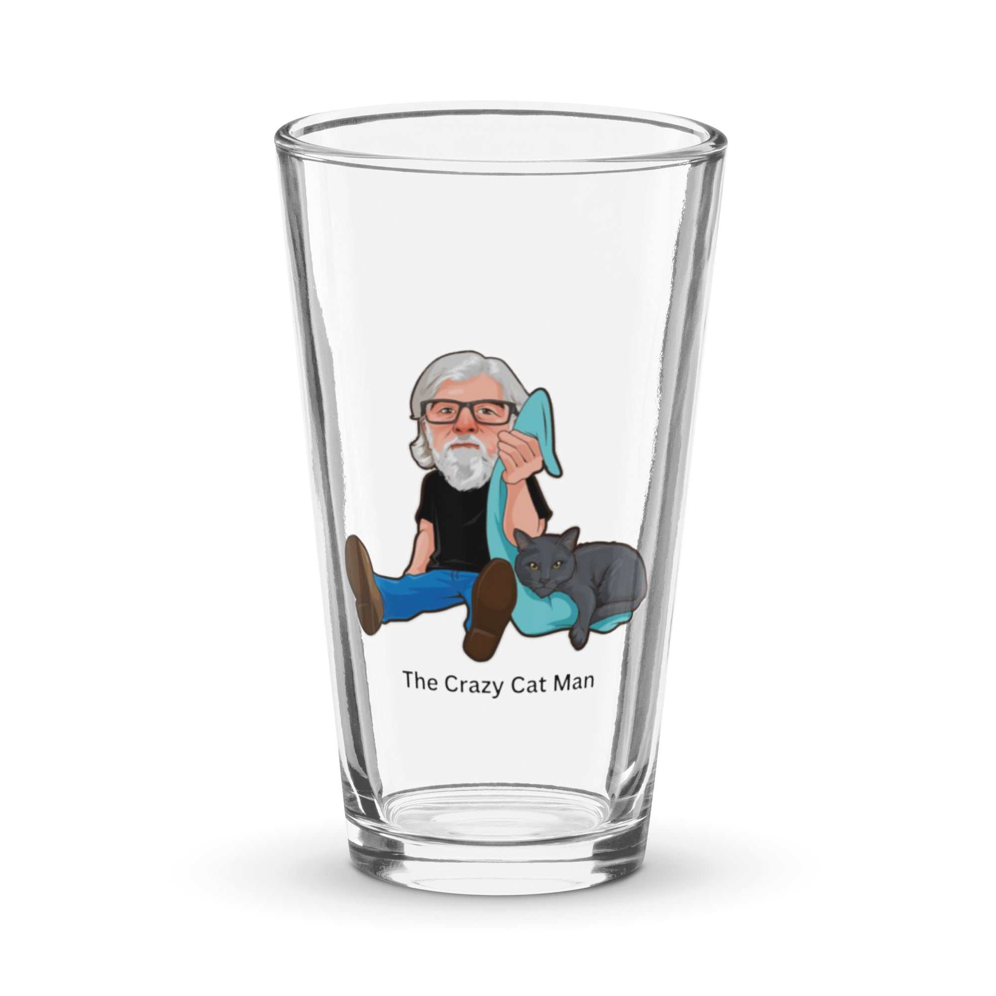 The Crazy Cat Man Signature Shaker 16 oz pint glass with Alzheimer's awareness logo