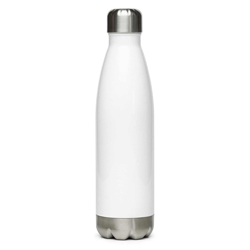 Stainless steel Alzheimer's awareness water bottle with Greg's Alzheimer's Research Report logo, insulated and leak-proof.