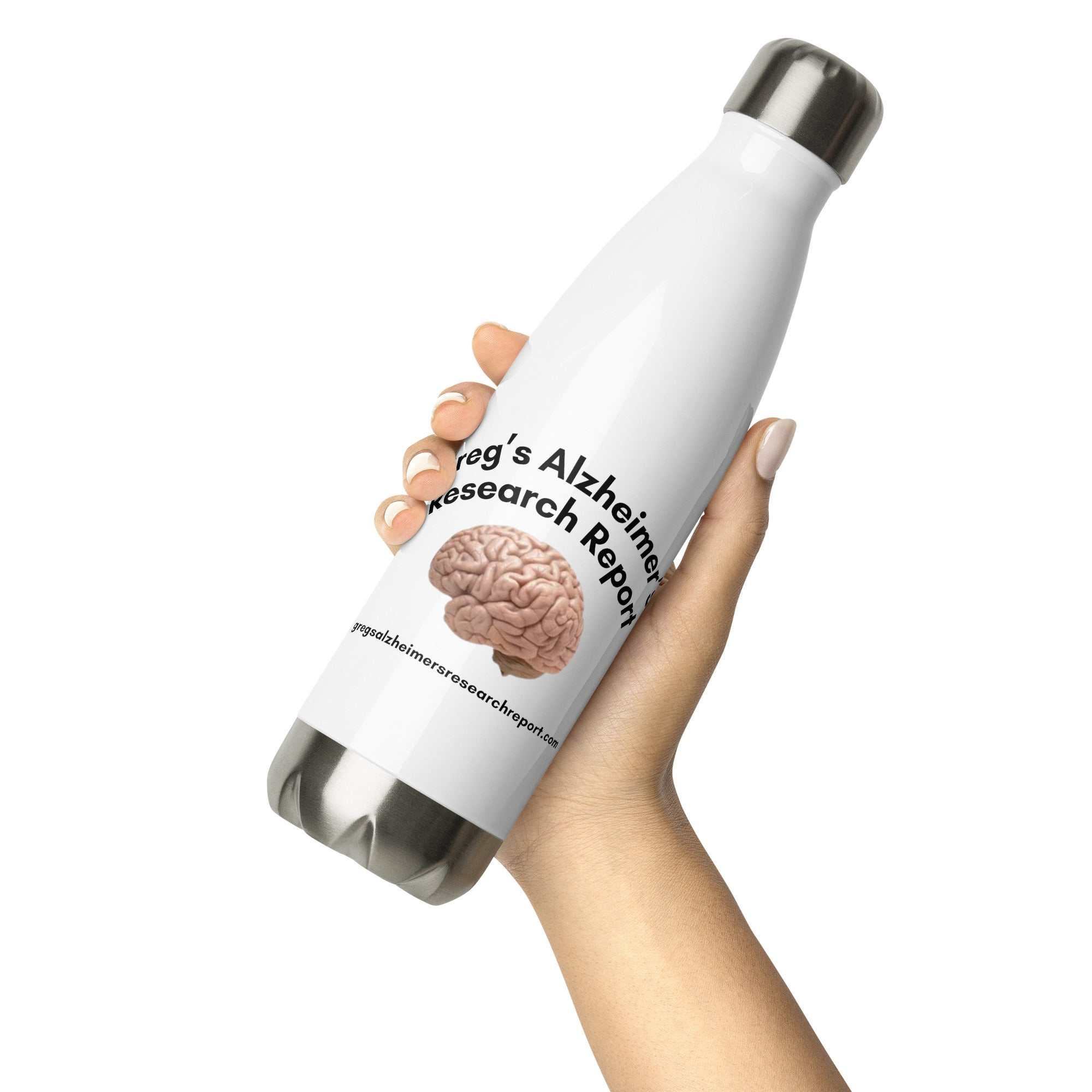 Hand holding a white stainless steel water bottle with Greg Rowlands Alzheimer Research Report logo and brain graphic