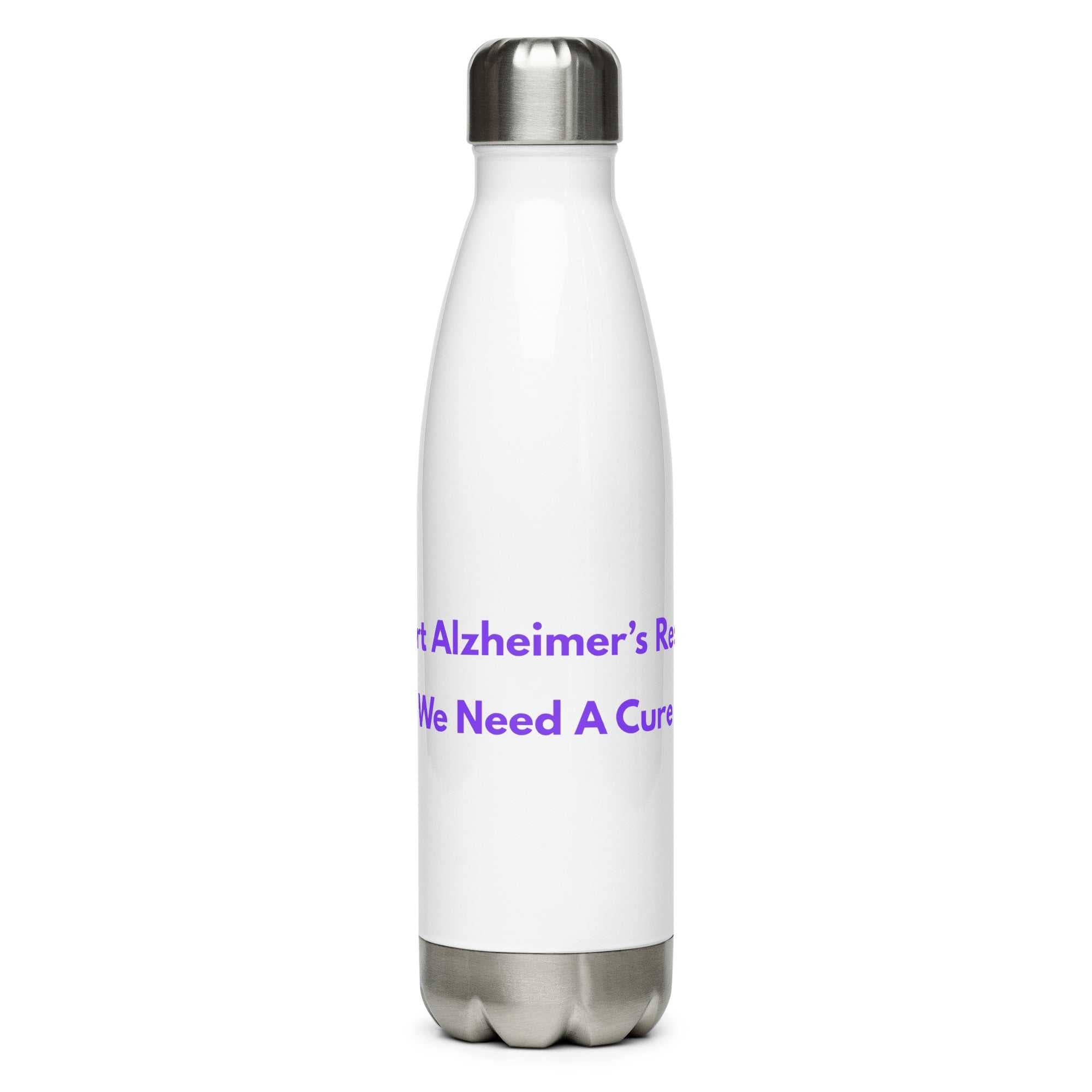 White insulated stainless steel water bottle with Alzheimer research text