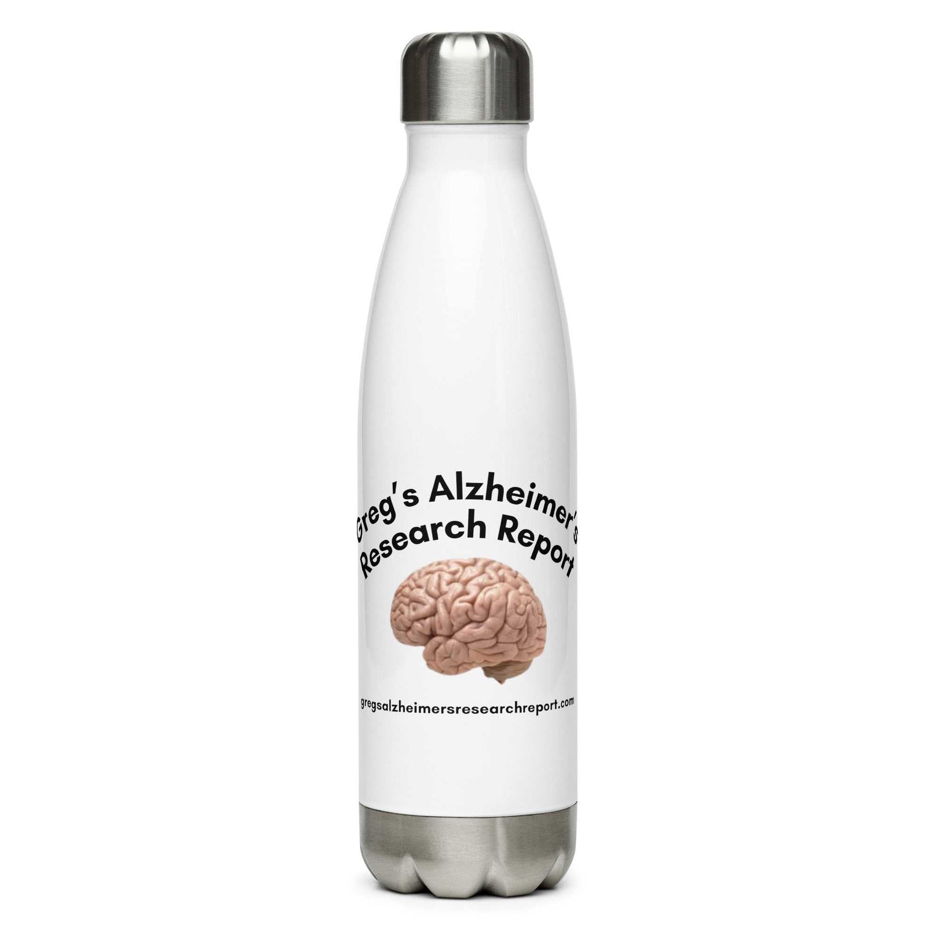 Greg's Alzheimer's Research Report stainless steel water bottle with insulated double-wall design and leak-proof cap