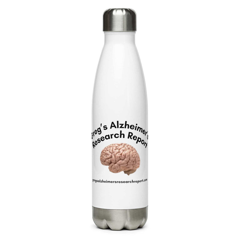Stainless steel Alzheimer's awareness water bottle with Greg's Alzheimer's Research Report logo, insulated and leak-proof for hot and cold drinks.