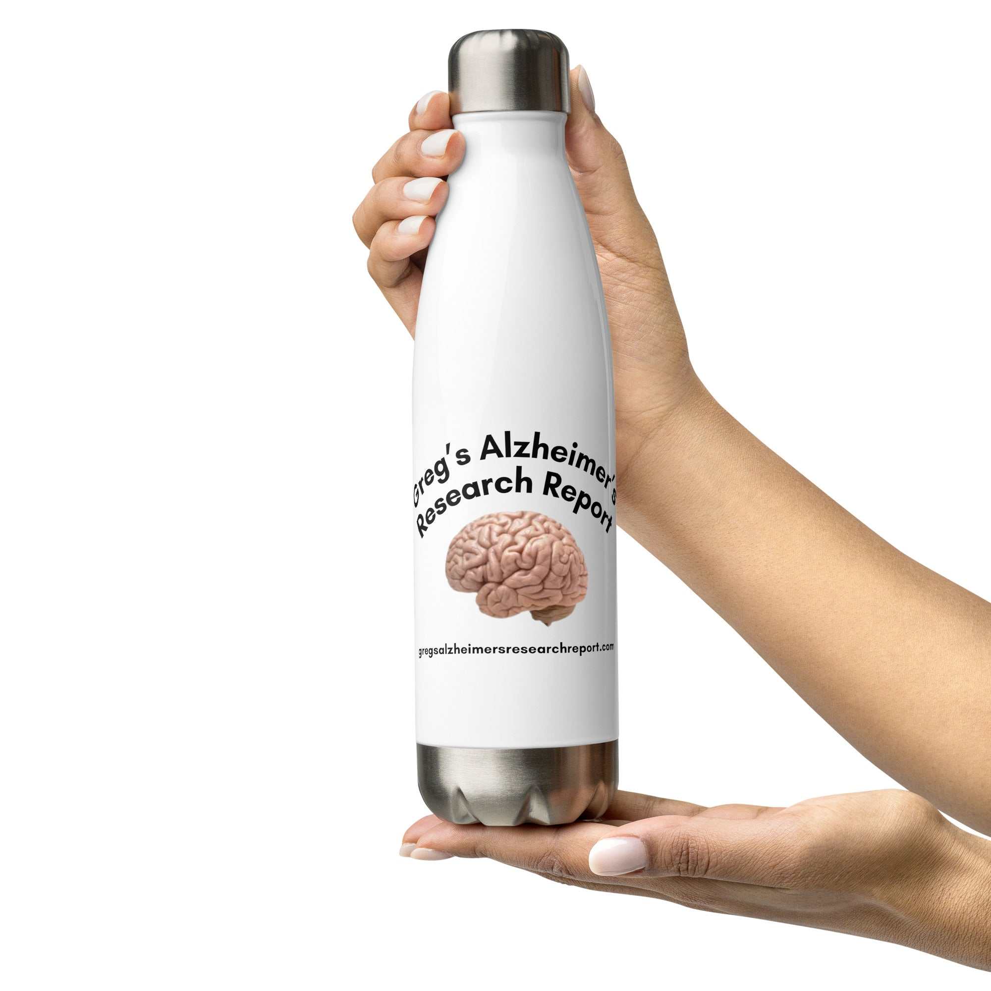 Greg Rowlands Alzheimers Research Report stainless steel water bottle with brain graphic held in hands