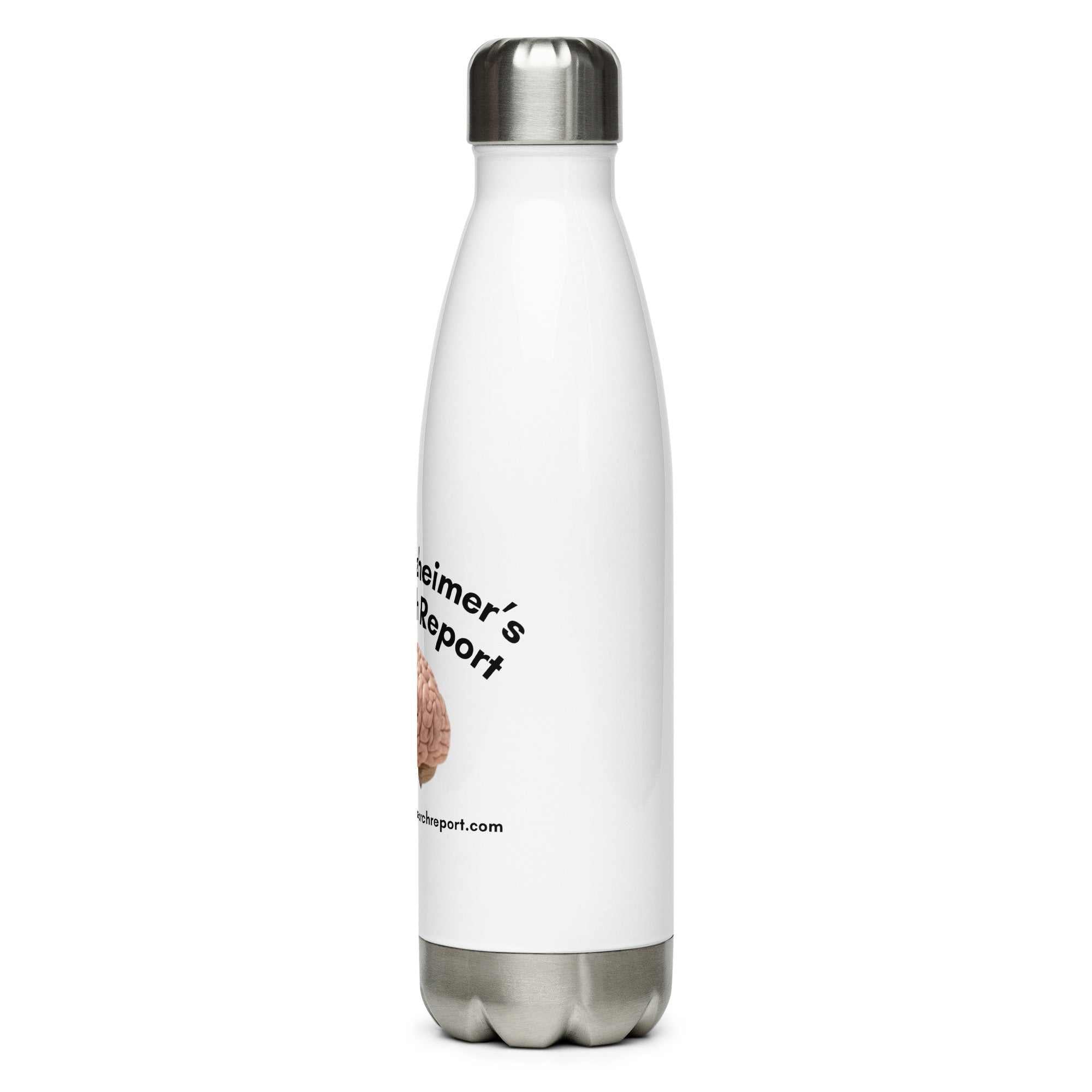 White stainless steel water bottle with Greg Rowlands Alzheimers Research Report branding and brain graphic