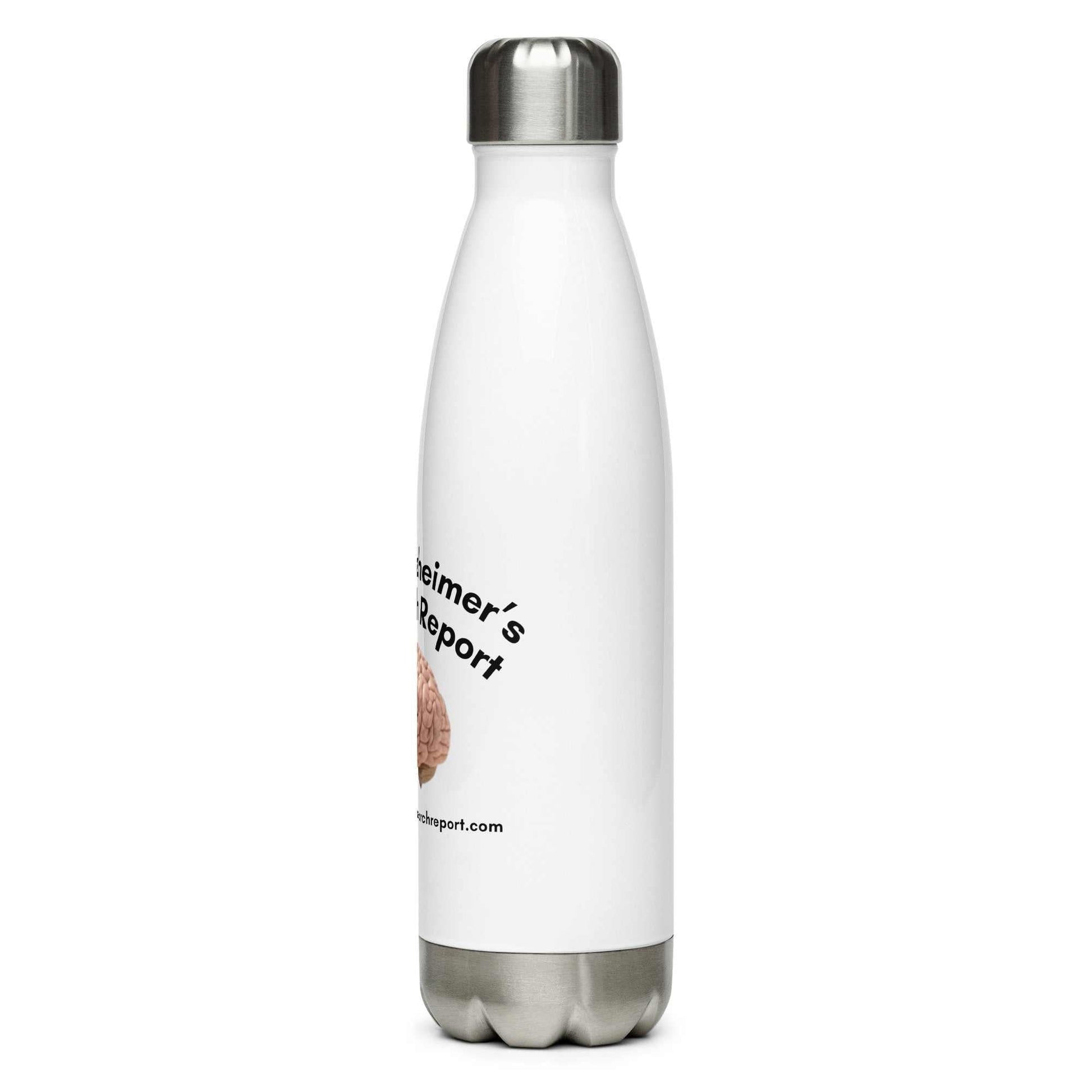 Stainless steel Alzheimer's awareness water bottle with Greg's Research Report logo, insulated for hot and cold drinks, leak-proof and durable design