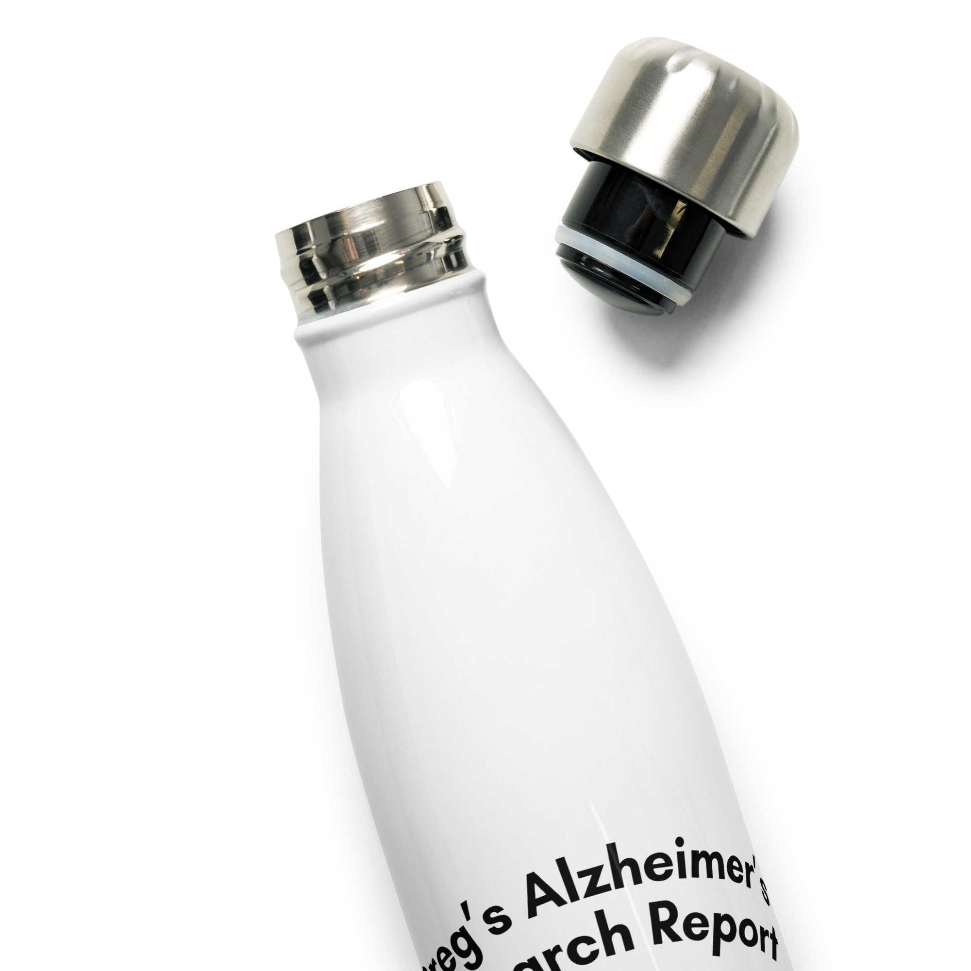 White stainless steel water bottle with Greg Rowland Alzheimer's Research Report branding and detached metal cap