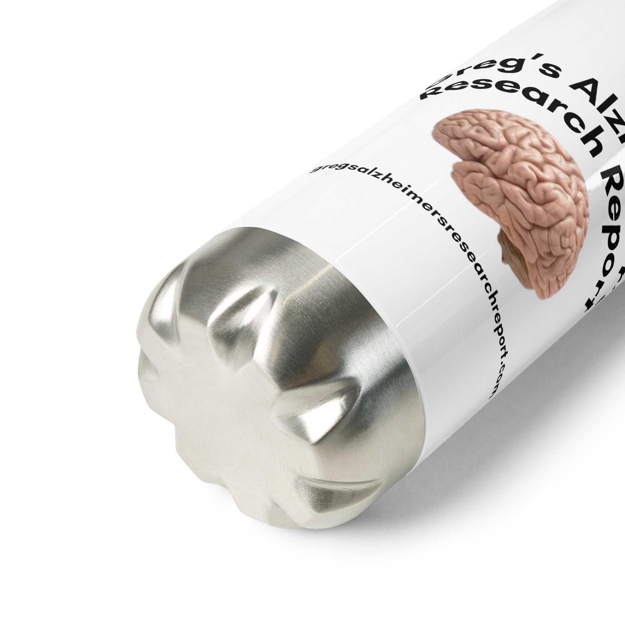 Greg Rowlands Alzheimers Research Report stainless steel water bottle with brain graphic