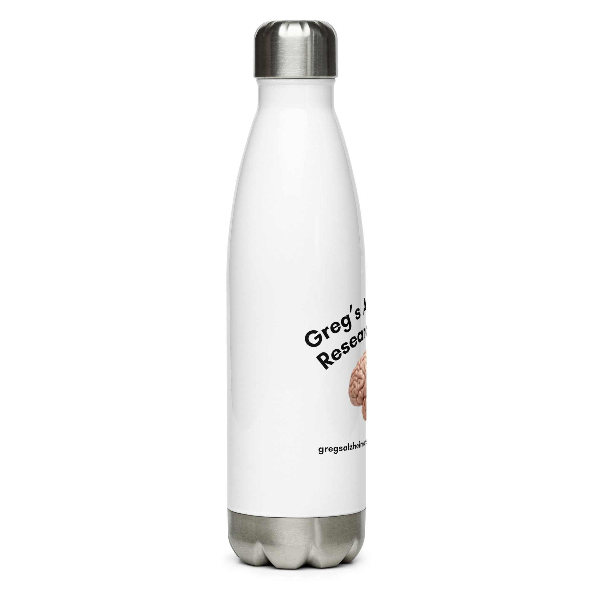 White stainless steel water bottle with Greg Rowlands Alzheimers Research Report branding and brain graphic