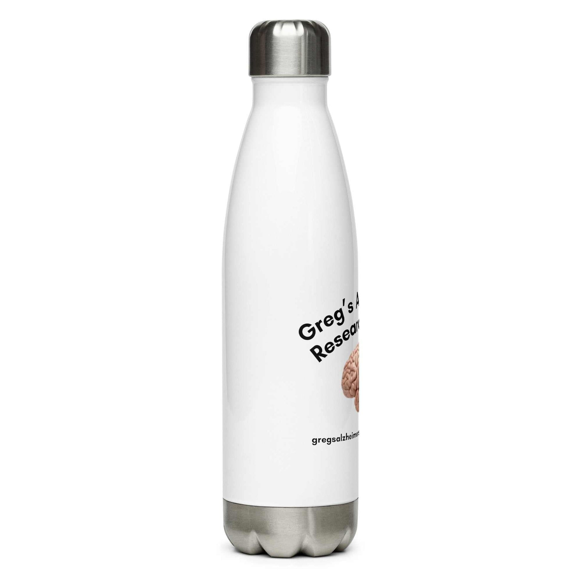 Stainless steel Alzheimer's awareness water bottle with Greg's Alzheimer's Research Report logo, insulated and leak-proof
