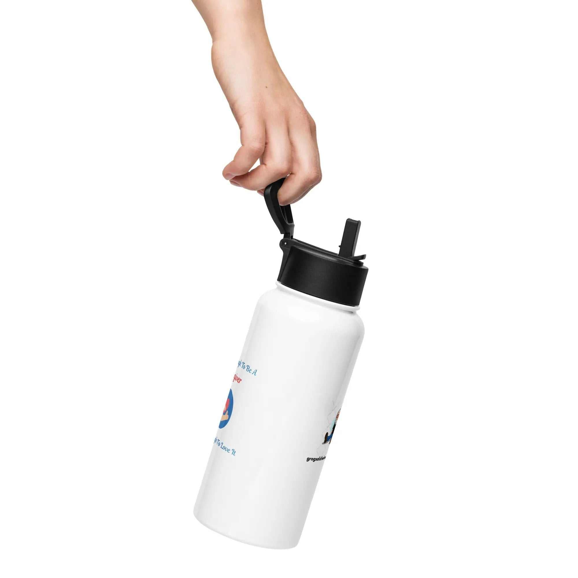 Hand holding a 32 oz Caregiver Alzheimer's Awareness insulated water bottle with a black lid