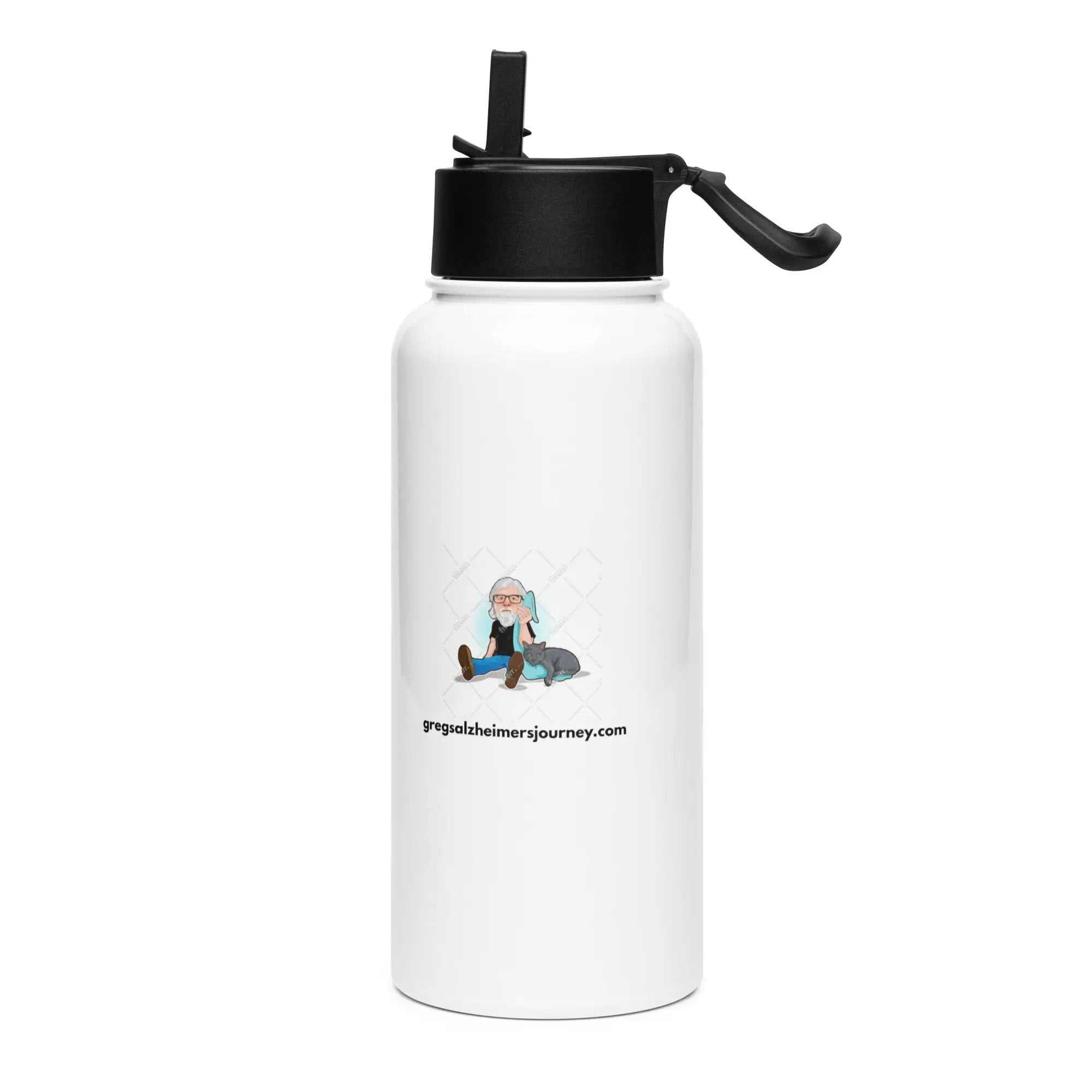 Caregiver Alzheimer's Awareness 32 oz insulated water bottle with a cartoon man and cat graphic