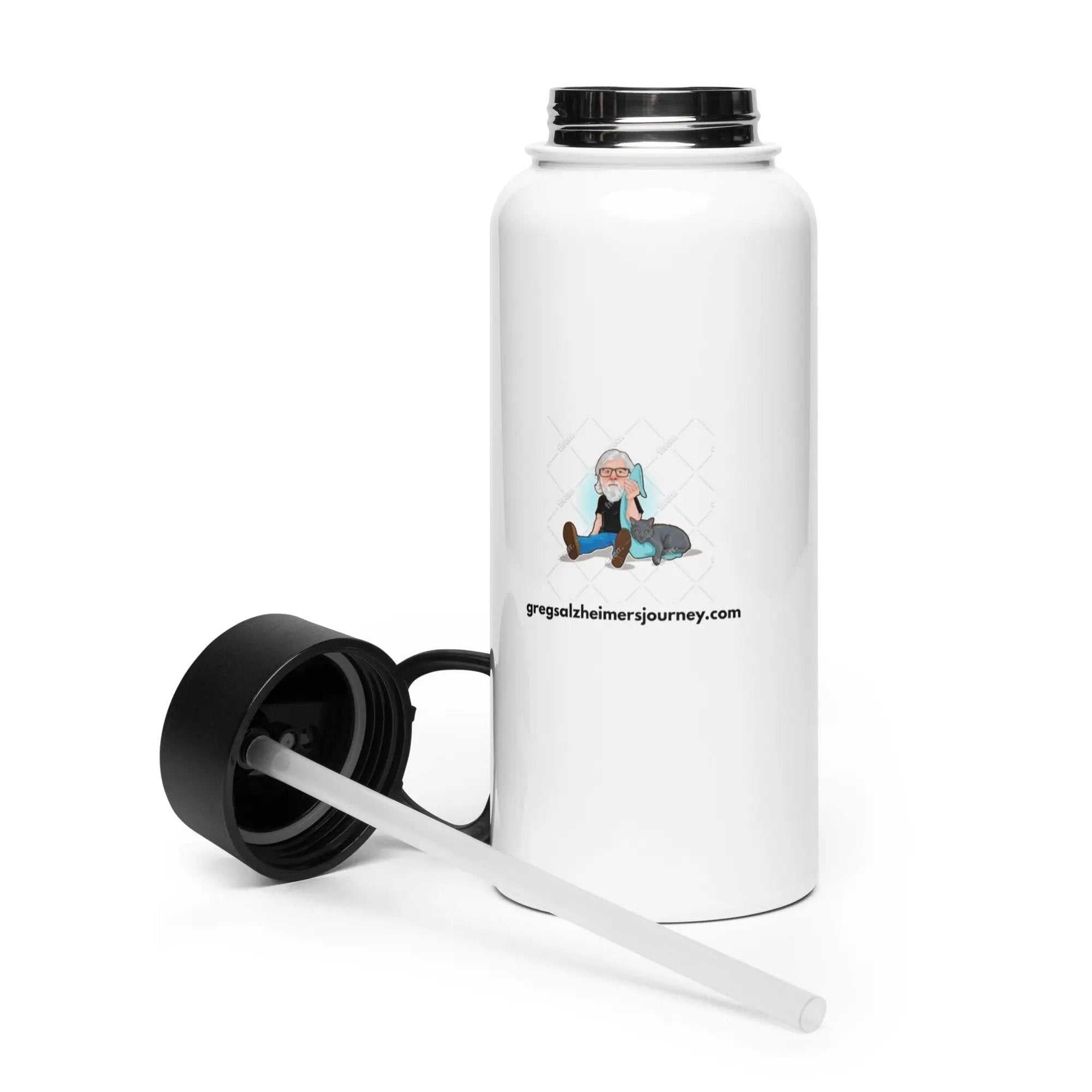 White 32 oz insulated stainless steel caregiver Alzheimer's awareness water bottle with straw lid, featuring a mug design.
