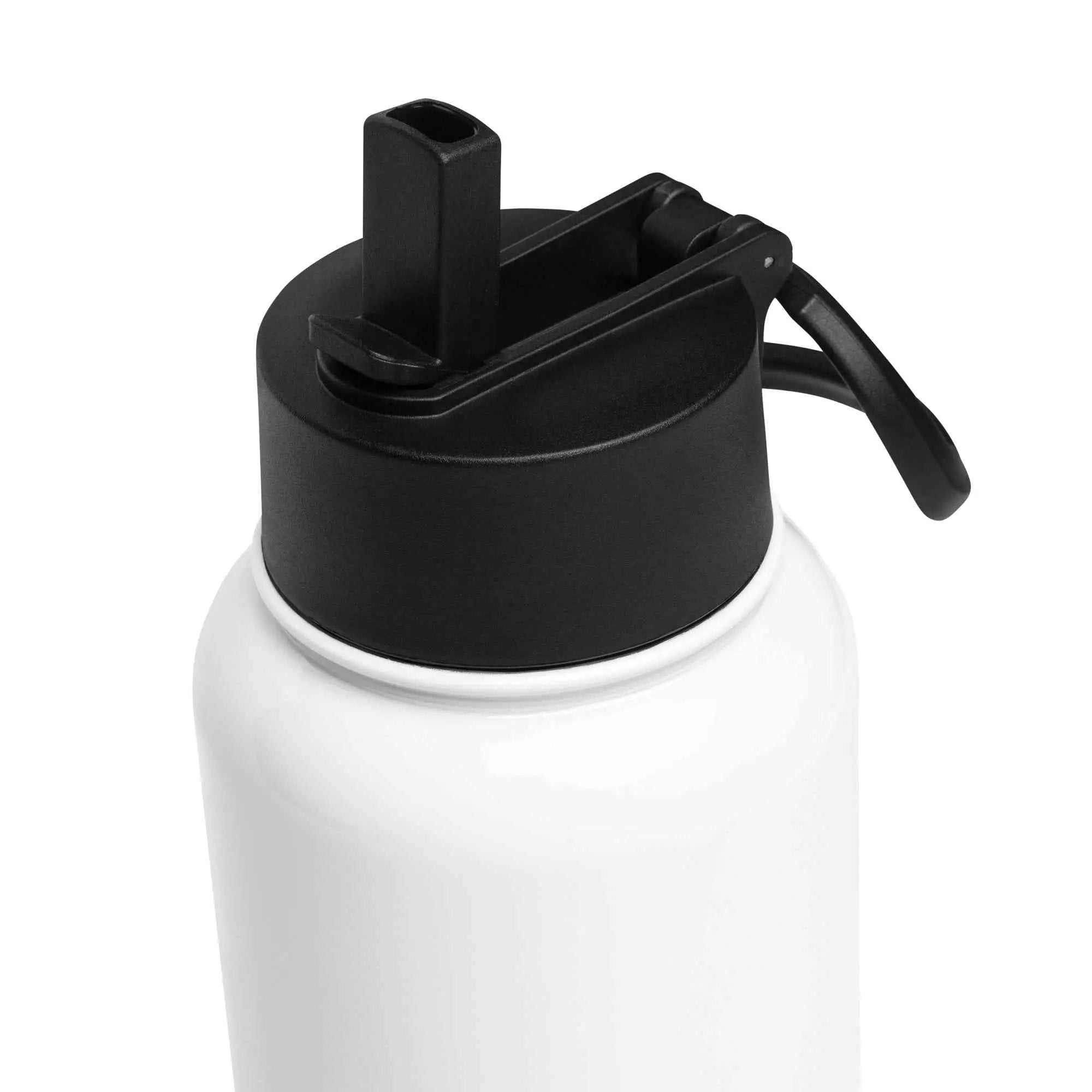 White 32 oz insulated stainless steel water bottle with straw lid, designed for caregivers and Alzheimer's awareness.