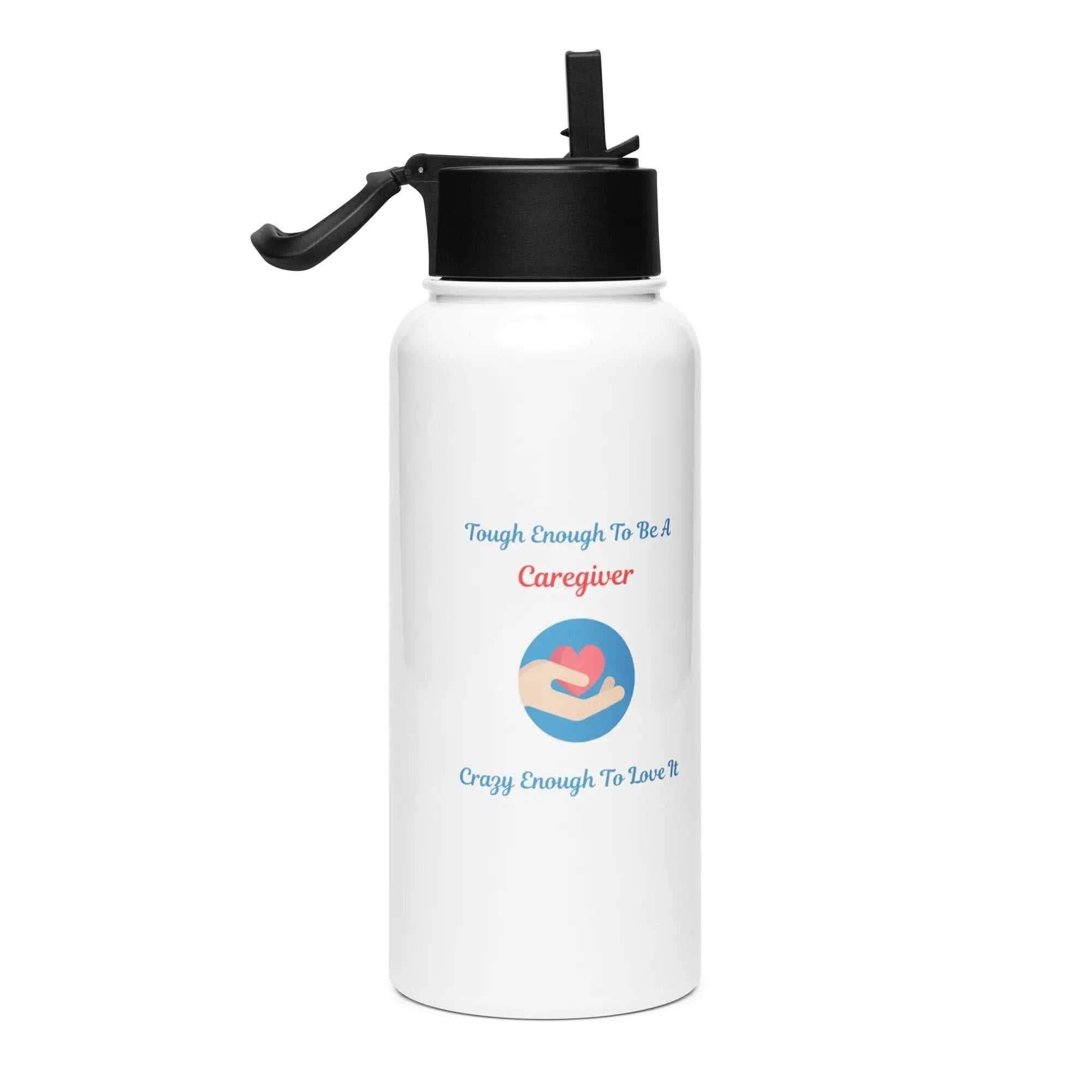 Caregiver Alzheimer's Awareness 32 oz insulated water bottle with heart graphic and text