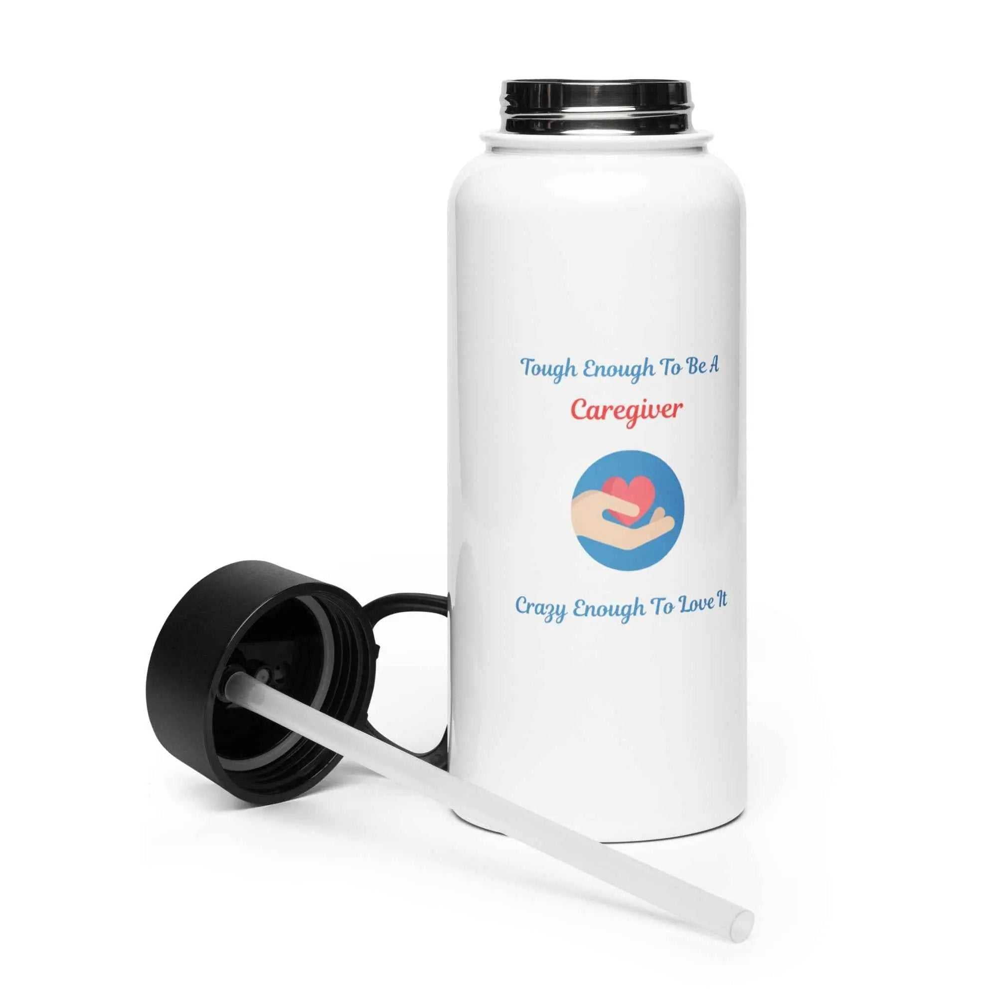 Caregiver Alzheimer's Awareness 32 oz insulated water bottle with heart and hand graphic