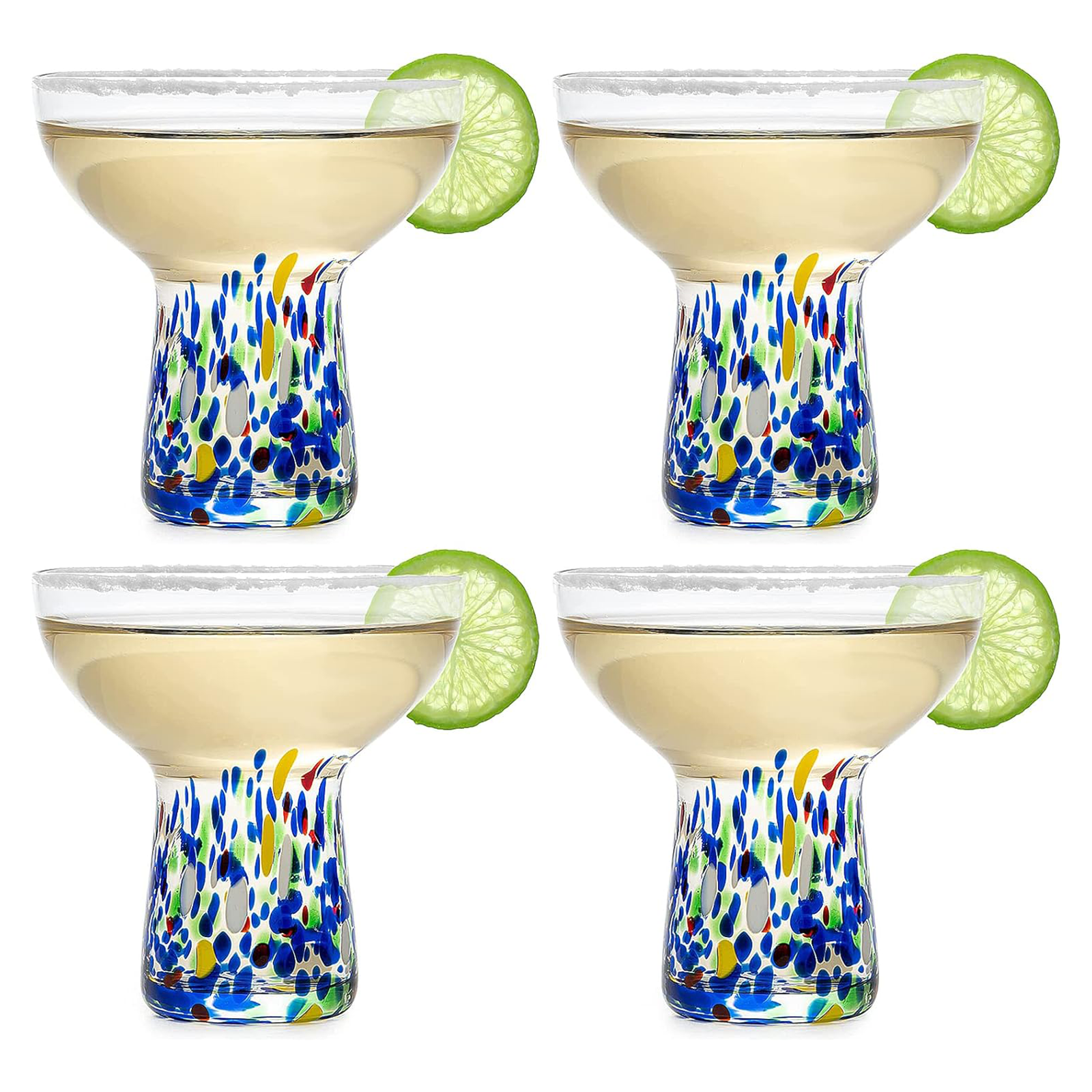 Stemless Margarita Glass – Set of 4 - Luxury Hand Blown Confetti Margaritas, for Cocktails, Water, Wine, Dessert, Martini & Champagne Glasses Cinco de Mayo, Hand Blown Glass - Mexican Confetti Design