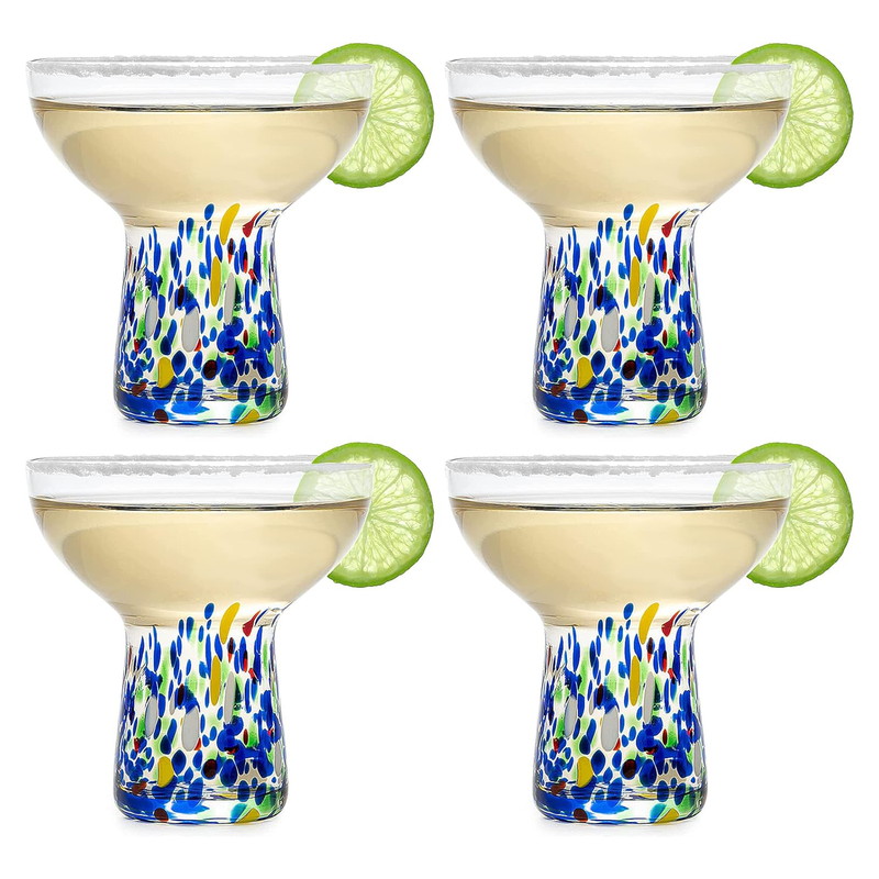 Stemless Margarita Glass – Set of 4 - Luxury Hand Blown Confetti Margaritas, for Cocktails, Water, Wine, Dessert, Martini & Champagne Glasses Cinco de Mayo, Hand Blown Glass - Mexican Confetti Design
