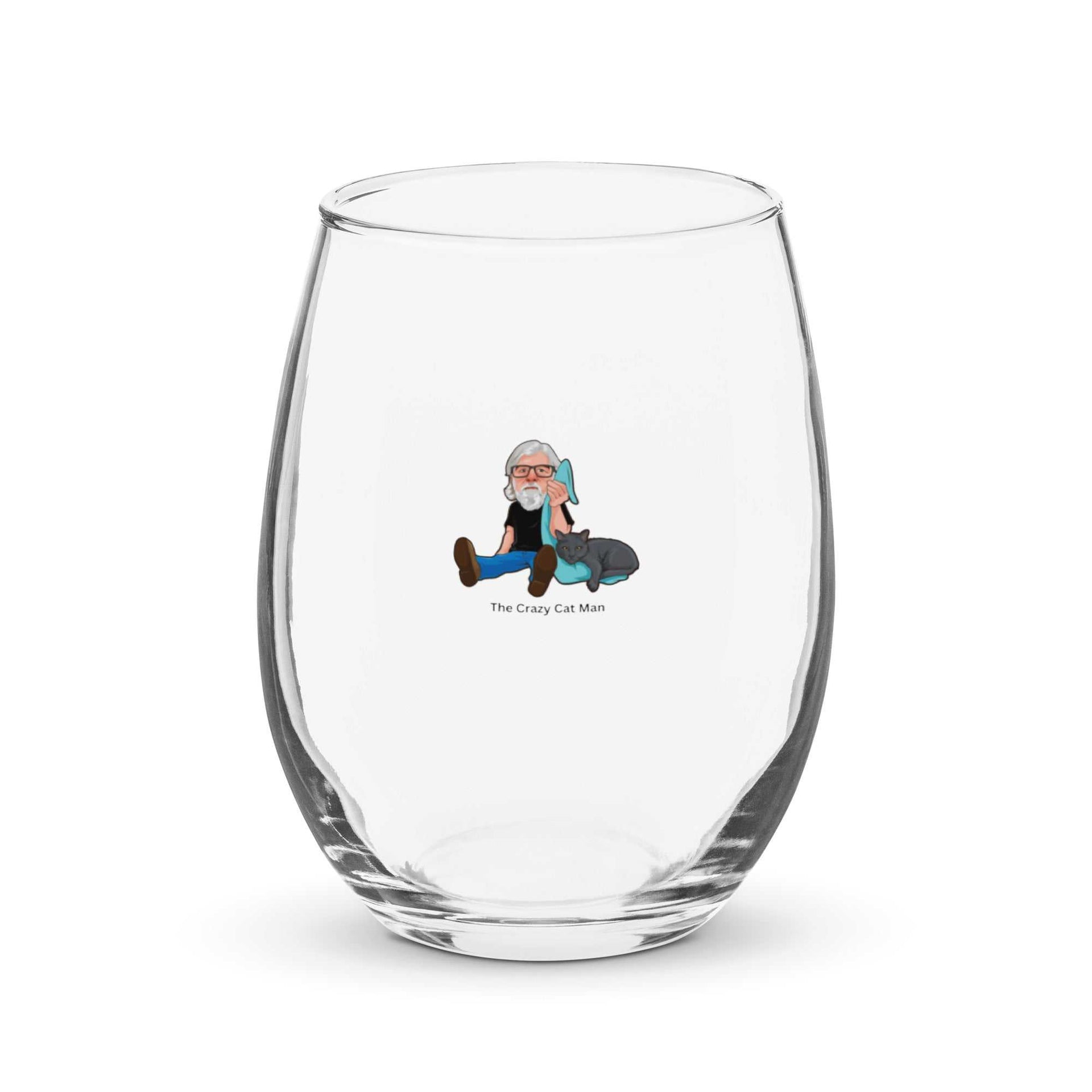The Crazy Cat Man signature stemless wine glass with sleek design and Alzheimer’s awareness logo