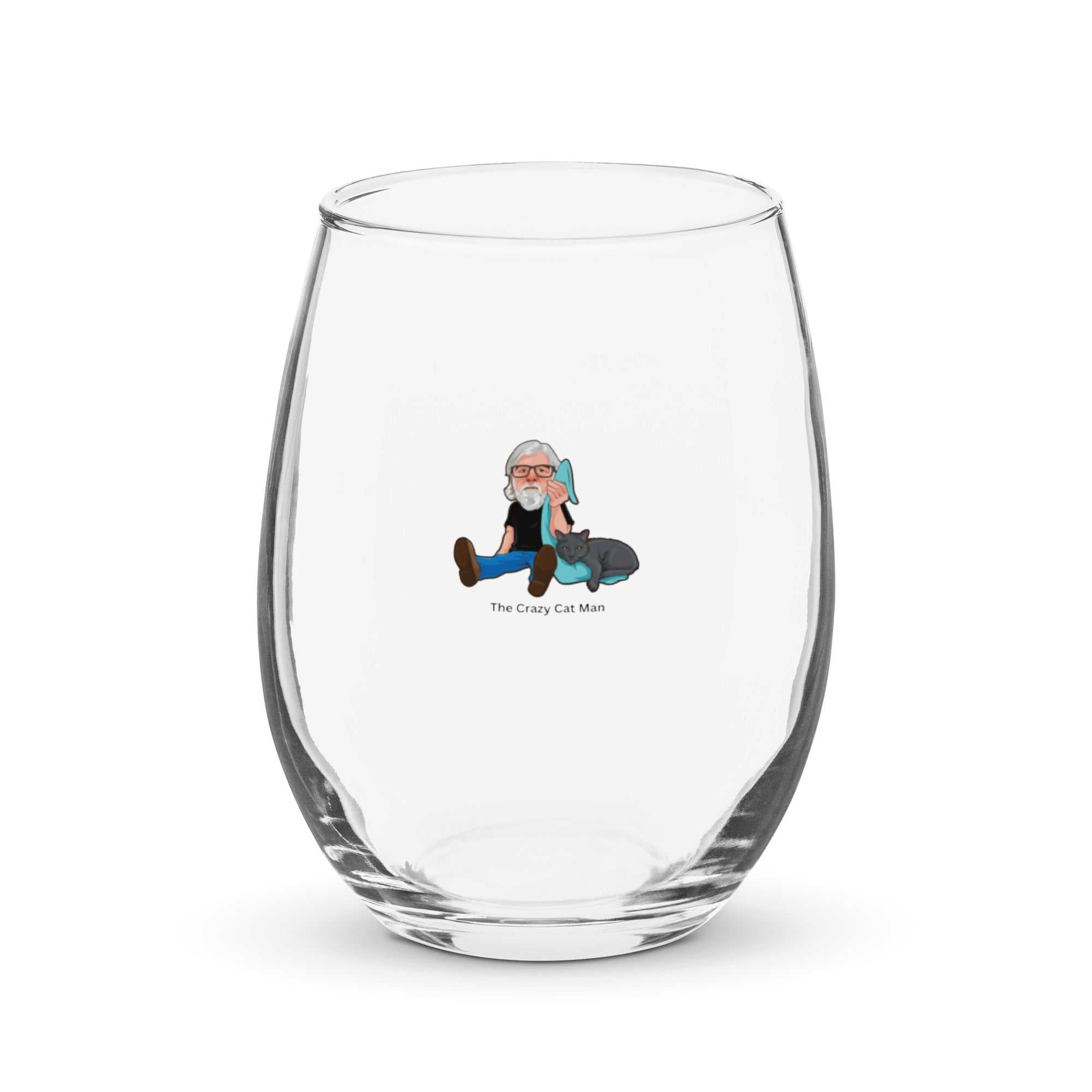 The Crazy Cat Man signature stemless wine glass with sleek design and Alzheimer’s awareness logo