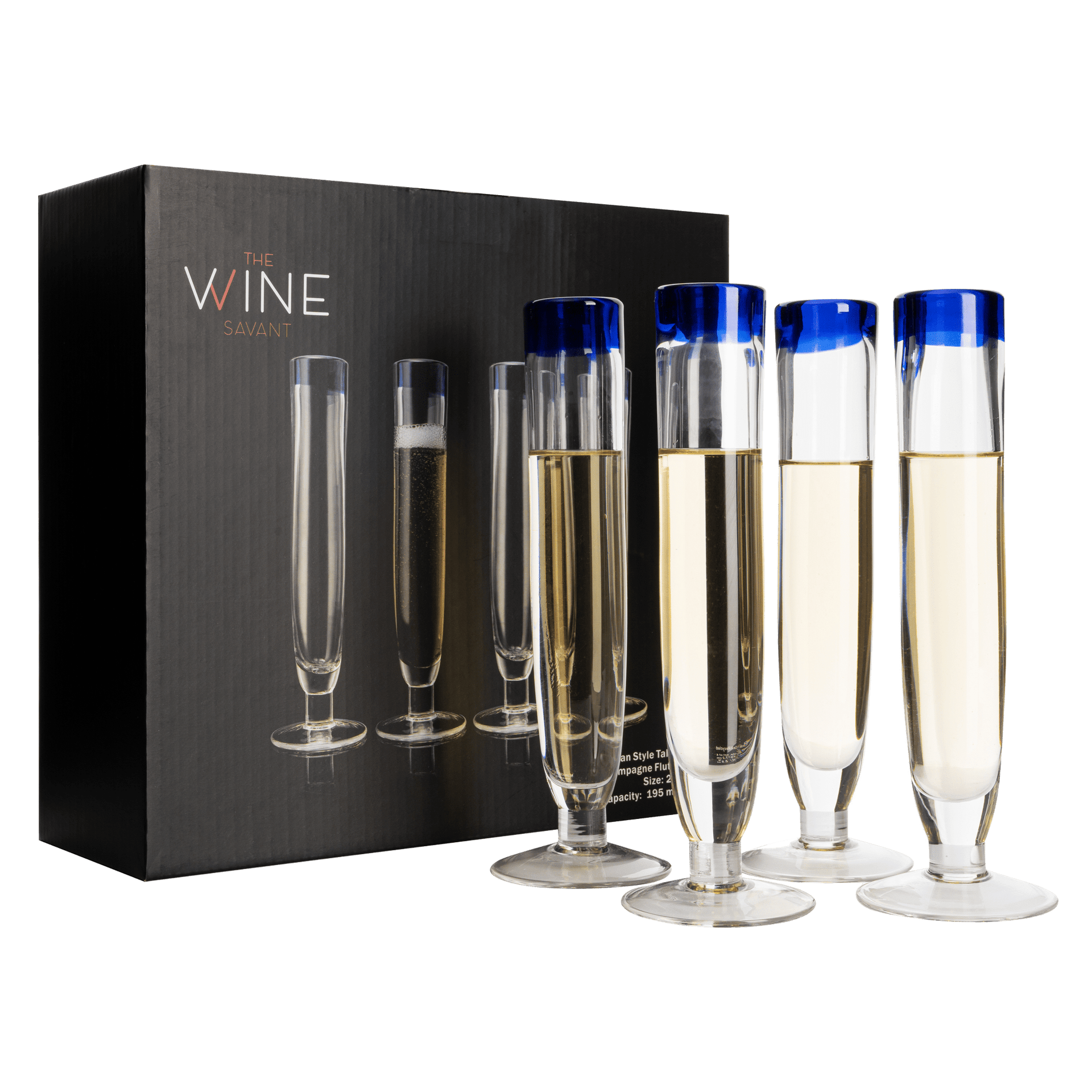 Tall Recycled Champagne Flutes - Set of 4 - Mexican Hand Blown Cobalt Blue Rim Flute – Luxury Mexican Thick Glassware 7oz, Juice & Cocktail Drinking Glass Holiday Celebration, Weddings, Anniversary