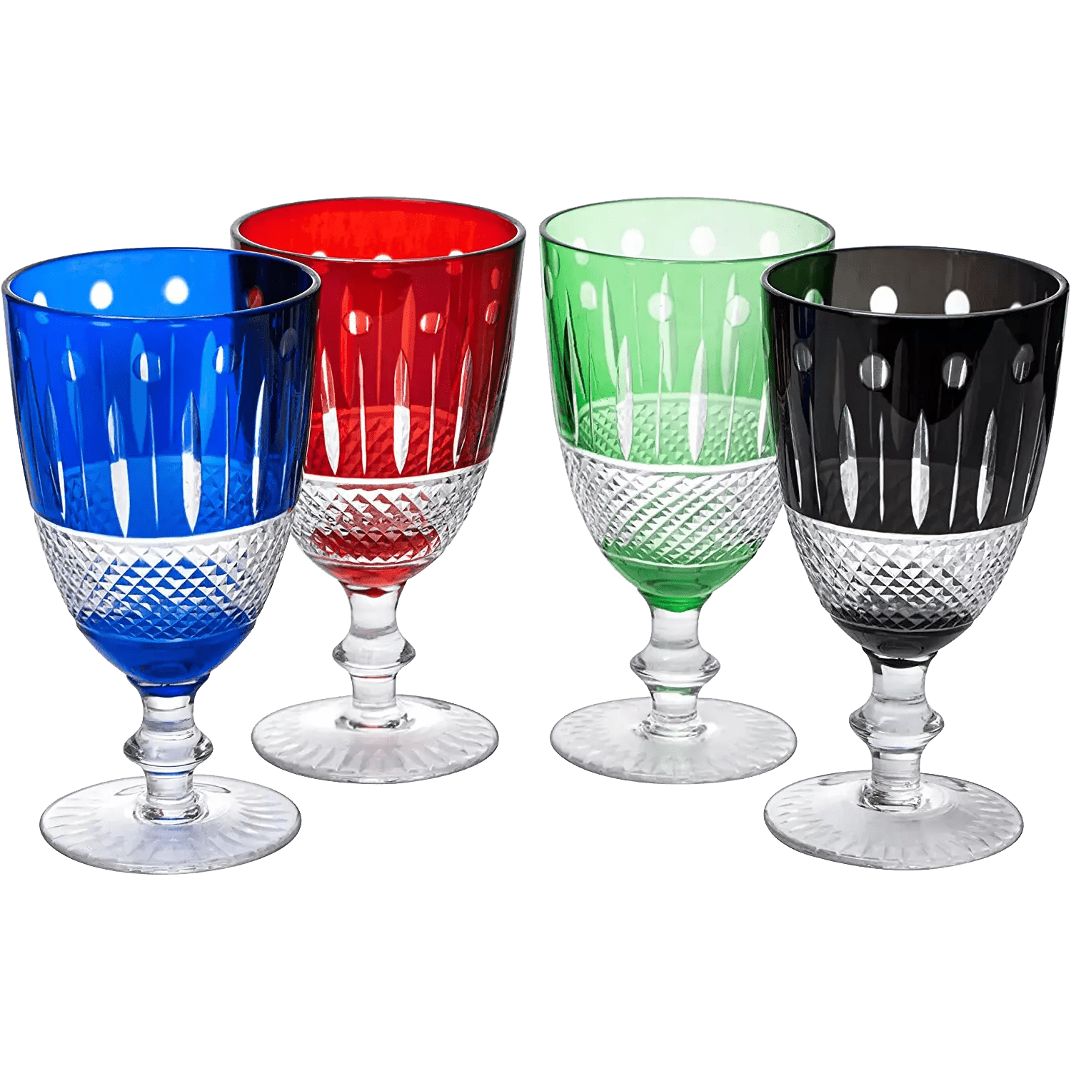 Set of 4 handblown and hand-cut multicolor crystal short chalice glasses