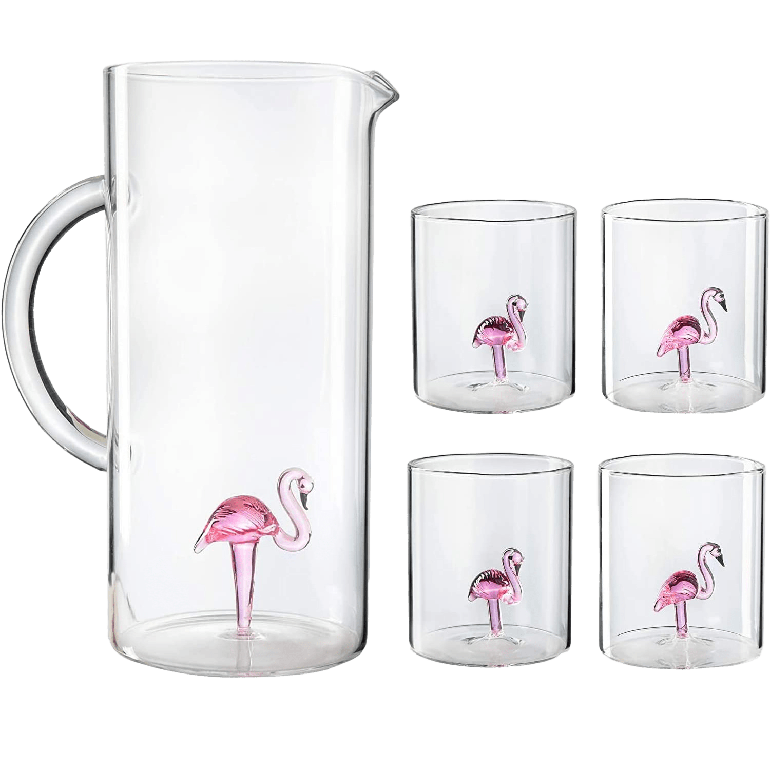 Flamingo Pitcher & Glasses Set hand blown pink artisan glass for wine and cocktails