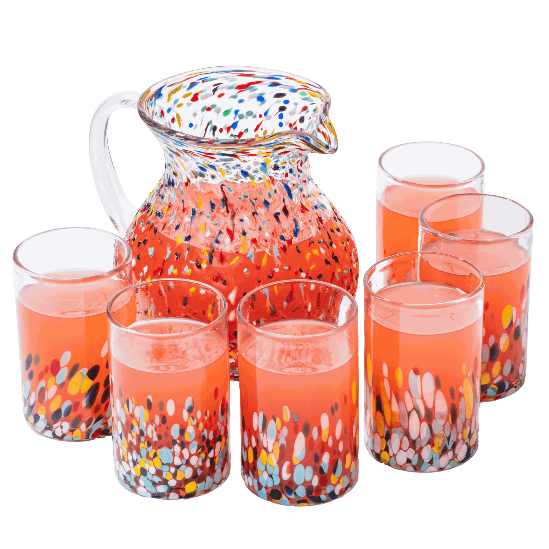 Hand blown Mexican drinking glasses and pitcher set with colorful confetti design