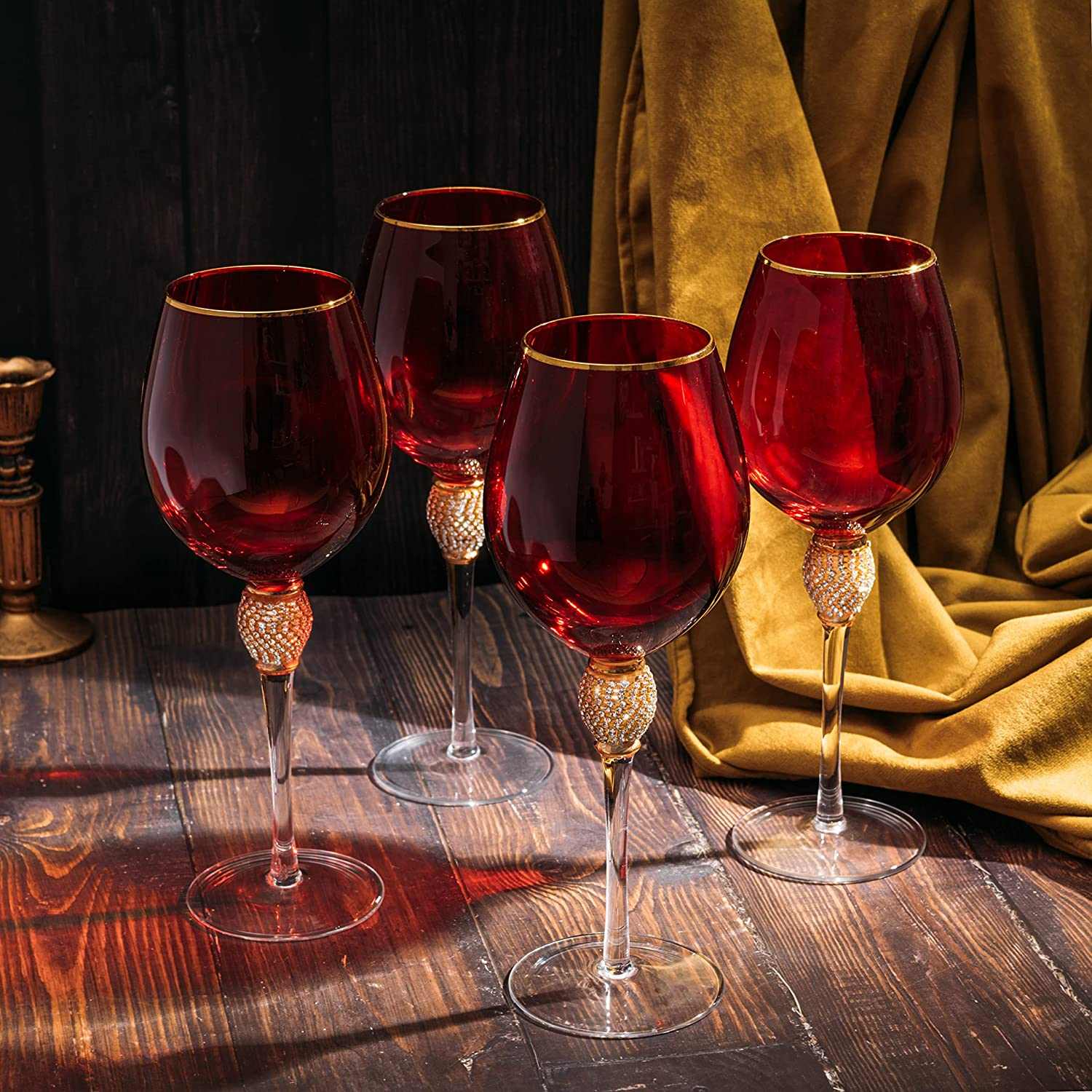 Set of 4 red diamond wine glasses with gold rims and diamond stems, 18 oz, elegant and mouth-blown for weddings and special occasions