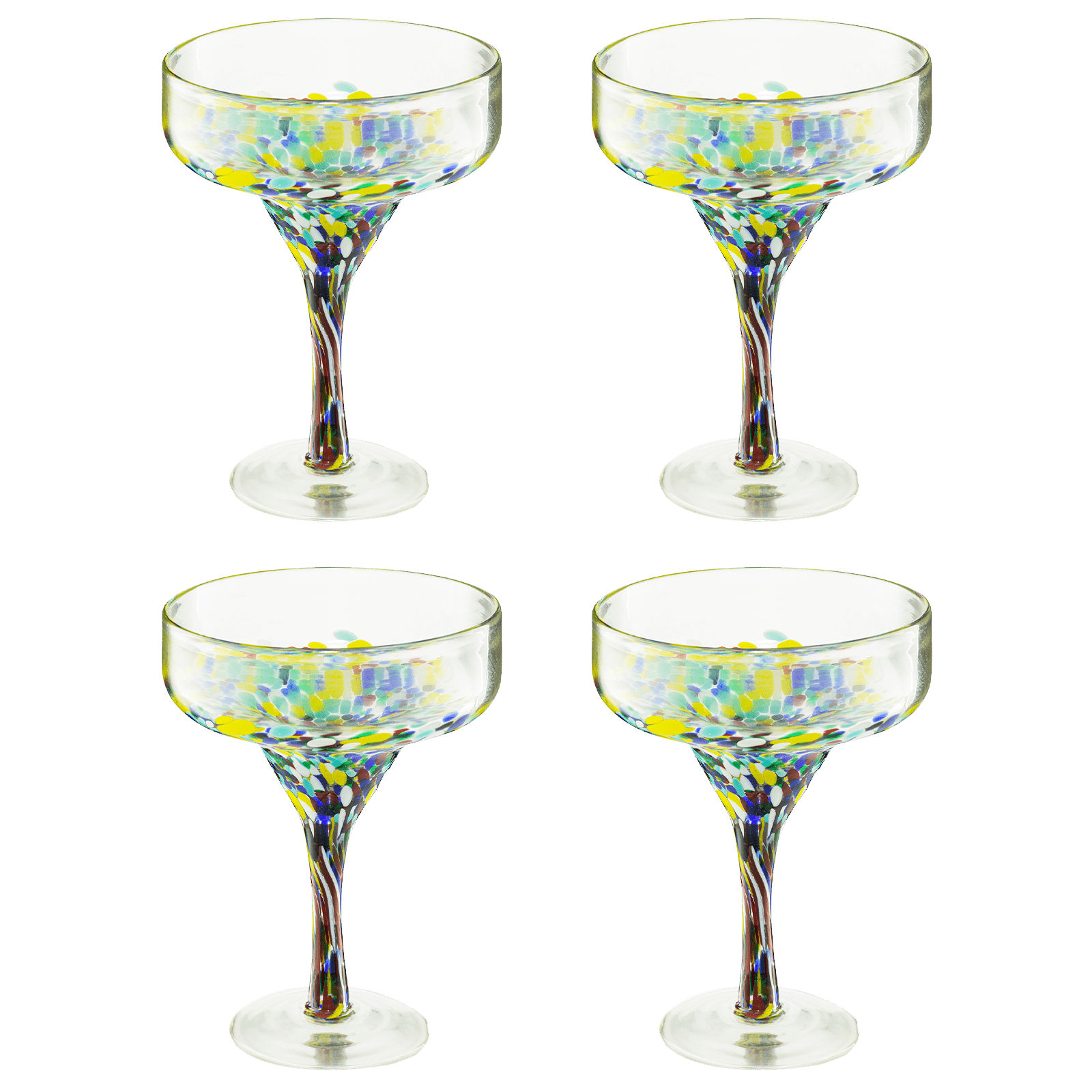 Set of 4 hand-blown Mexican Margarita Glasses with colorful confetti design, 16 oz each