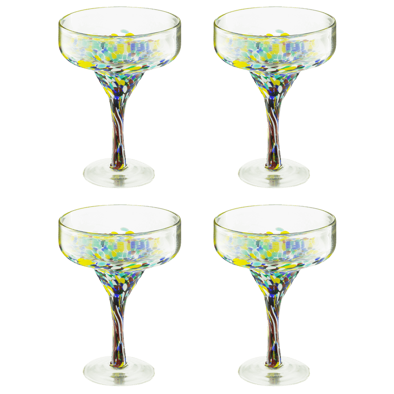 Set of 4 hand-blown Mexican Margarita Glasses with colorful confetti design, 16 oz each