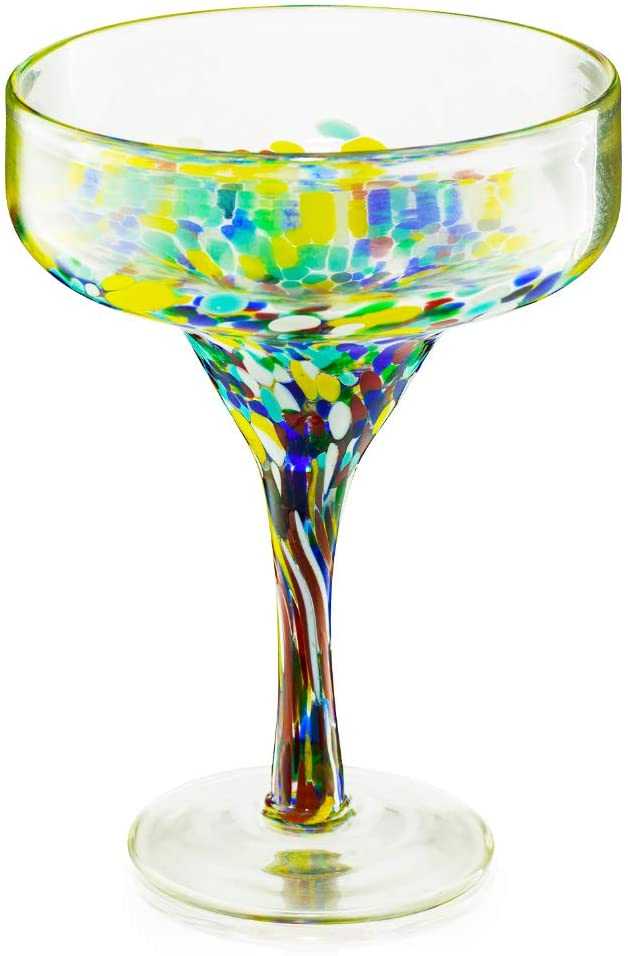 Set of 4 hand-blown Mexican margarita glasses with colorful confetti design, 16 oz each
