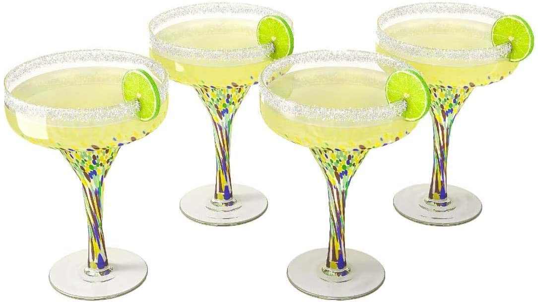 Set of 4 colorful hand-blown Mexican margarita glasses with confetti design, 16 oz capacity