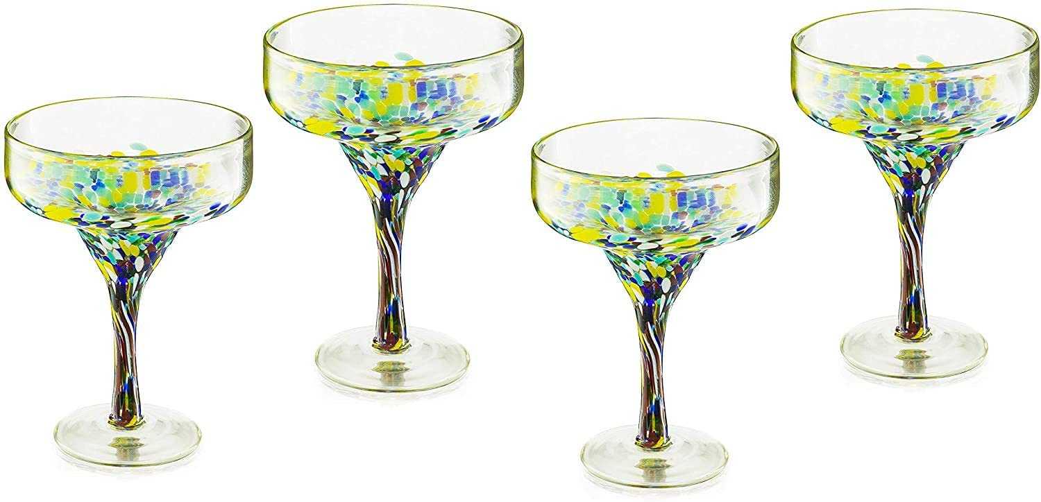 Set of 4 hand-blown Mexican margarita glasses with colorful confetti design, 16 oz each