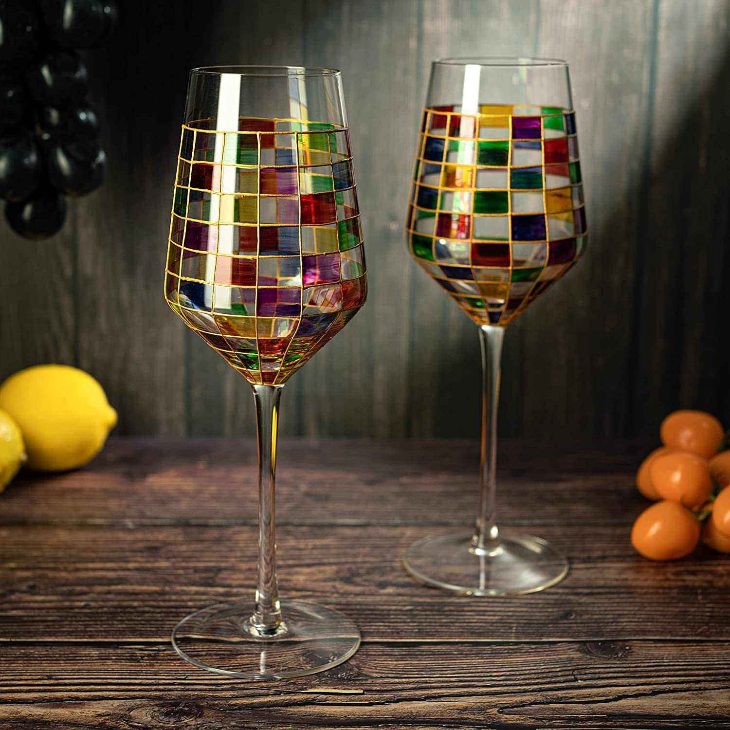 Set of 2 hand blown Renaissance stained wine glasses with vibrant rainbow colors and elegant stemmed design