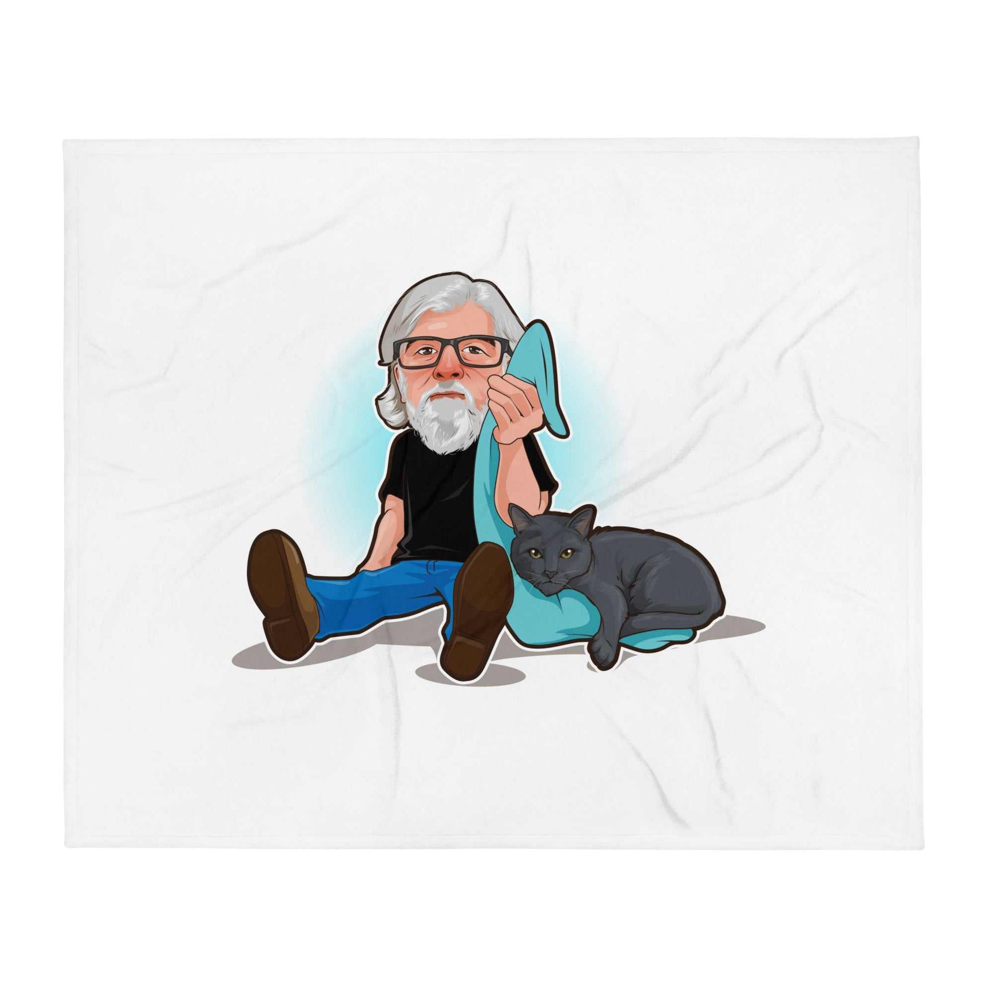 Gray sublimation throw blanket featuring The Cat Man Signature design for Alzheimer's awareness, showcasing soft fabric and detailed artwork.