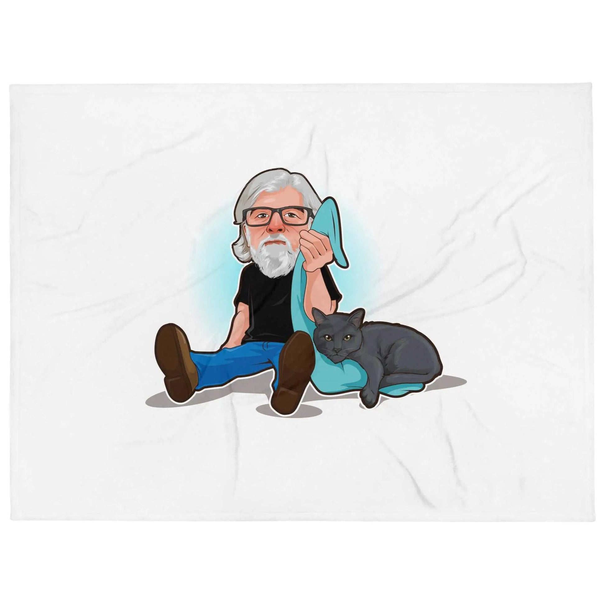 Sublimation throw blanket featuring The Cat Man Signature design for Alzheimer's awareness, soft and cozy fabric.