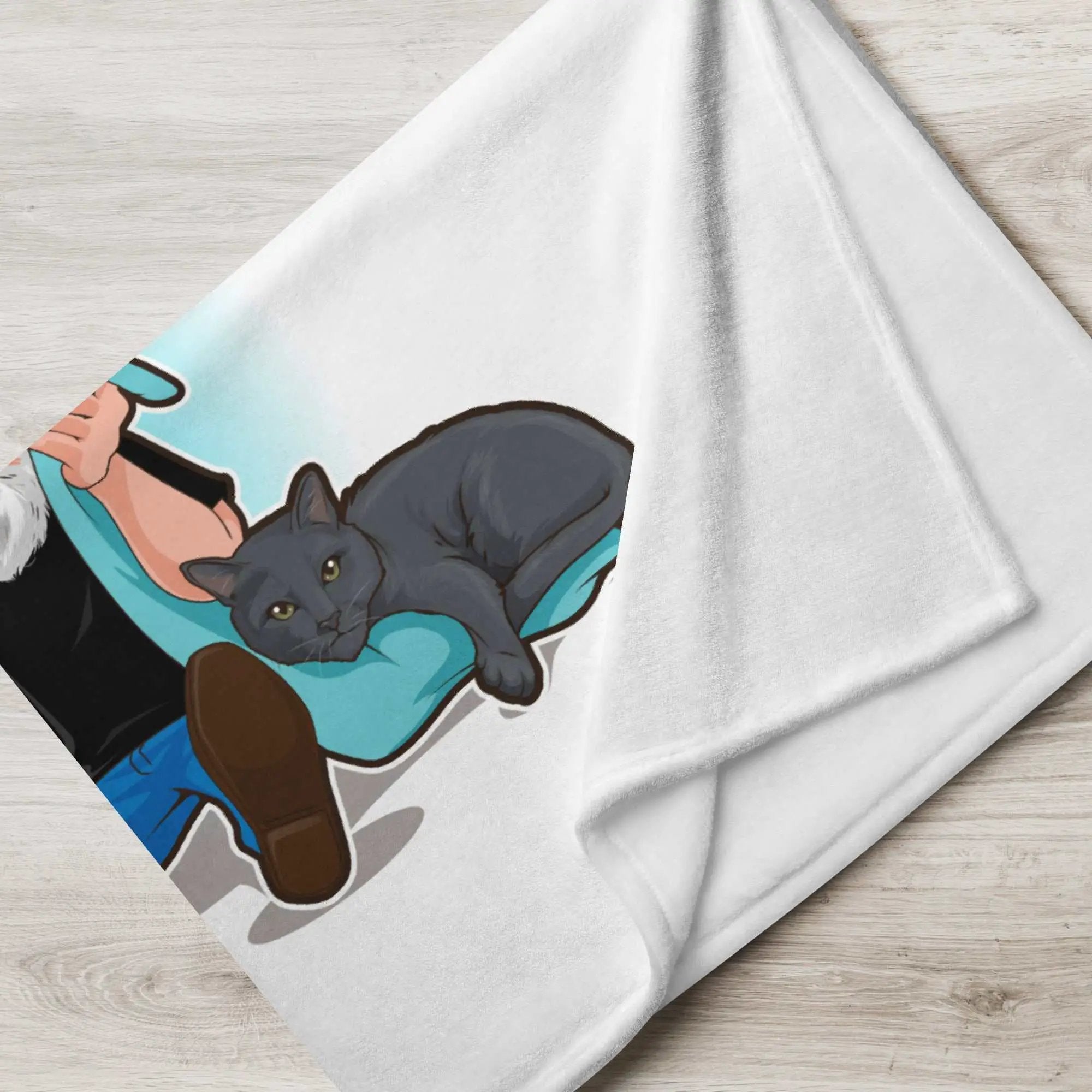 Sublimation throw blanket featuring The Cat Man Signature design promoting Alzheimer's awareness, soft fabric with detailed print.