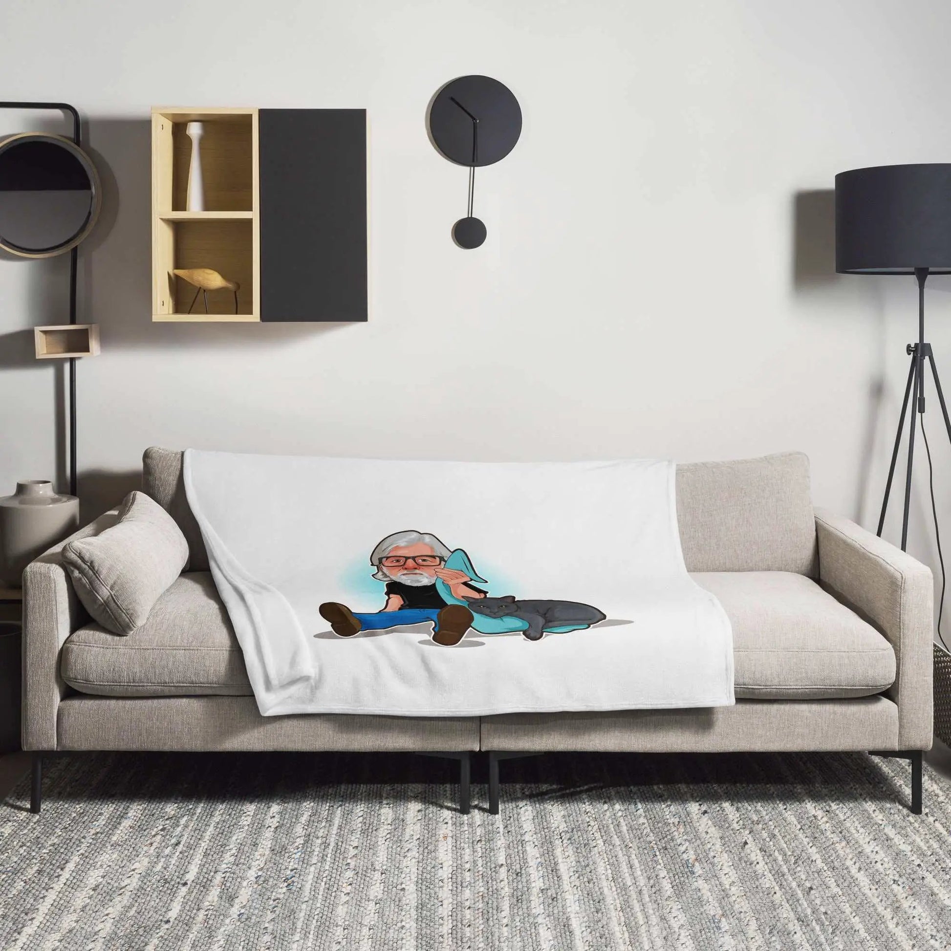 Sublimation throw blanket featuring The Cat Man Signature design for Alzheimer's awareness, soft and cozy fabric.